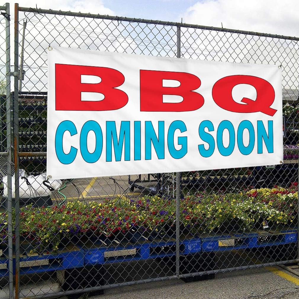 Vinyl Banner Multiple Sizes Bbq Coming Soon Red Blue Food Bar Restaurant Truck Business Outdoor Weatherproof Industrial Yard Signs 6 Grommets 36x72Inches