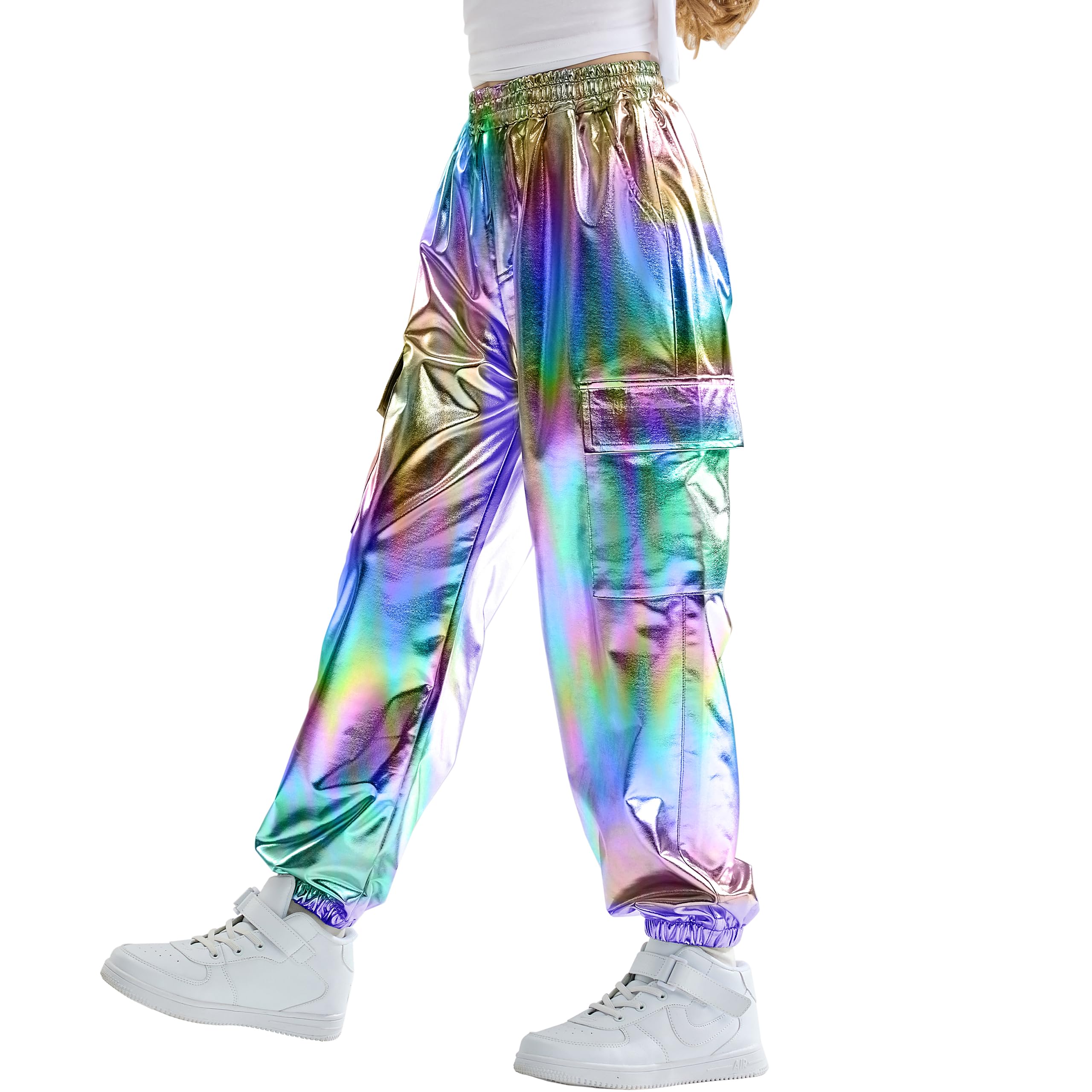 Rolanko Girls Metallic Cargo Pants, Shiny Jogger Pant for Dance 6-15 Years