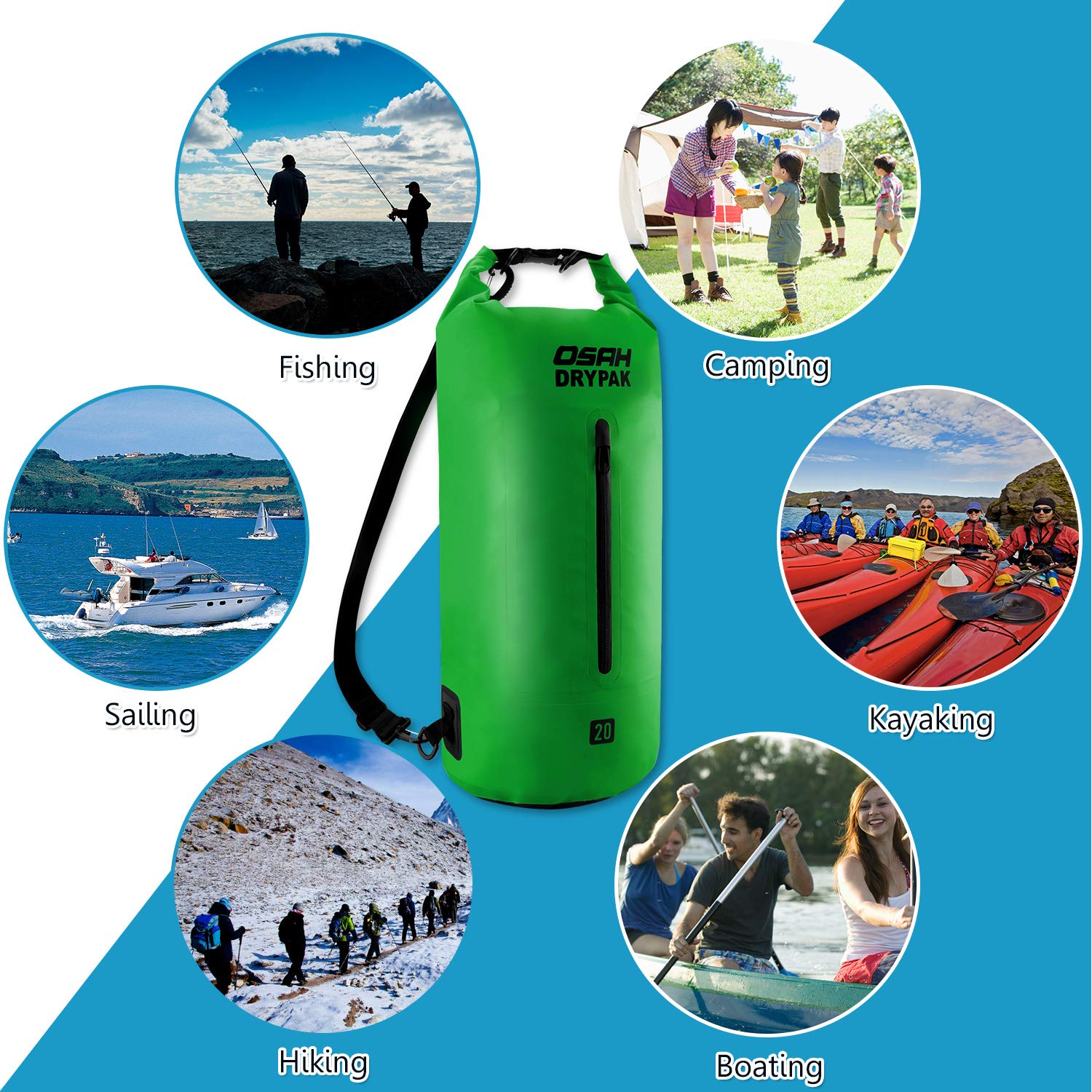 OSAH DRYPAK Borse Impermeabile Sacca Dry Bag 5L 10L 15L 20L 30L con Tracolla Regolabile per Spiaggia Sport d'Acqua Trekking Kayak Canoa Pesca Rafting Nuoto Campeggio