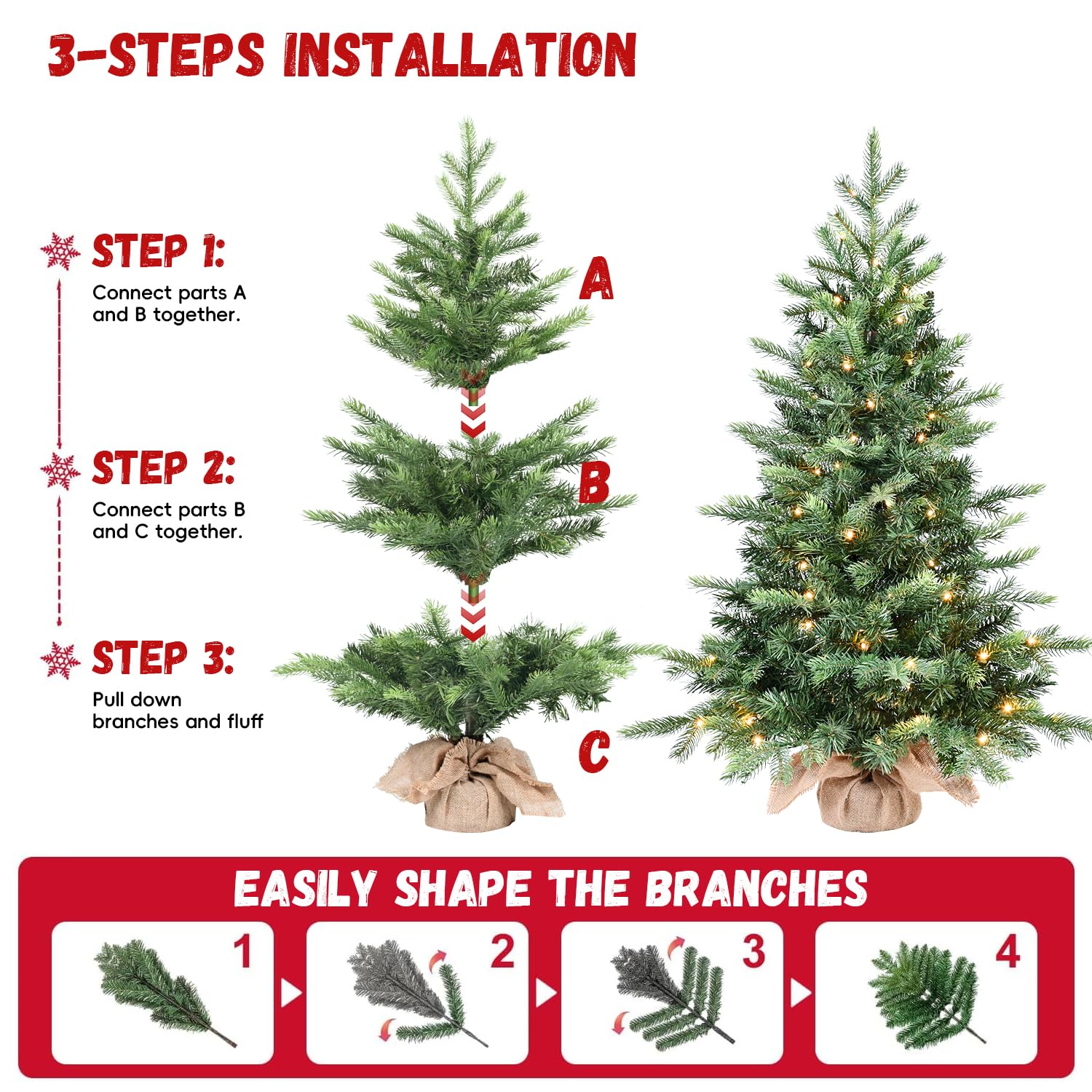 3ft Pre-lit Mini Christmas Tree Artificial Nordic Spruce Small Table ...