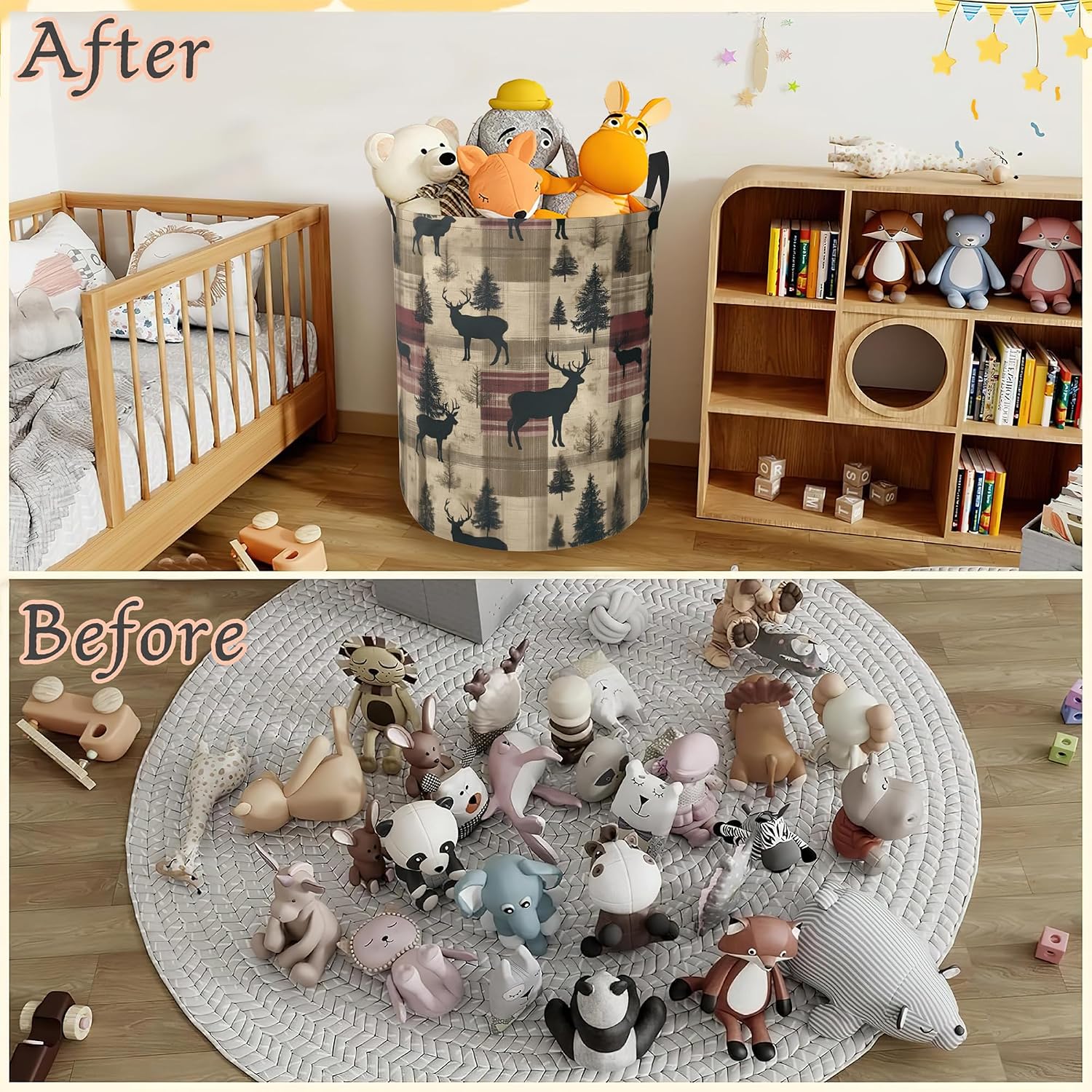 Vintage Deer Laundry Basket,Forest Foldable Oxford Cloth Laundry Hamper with Handles Waterproof Dirty Clothes Storage Basket for Bathroom Bedroom Dorm Room 16" x 20.8" image 5