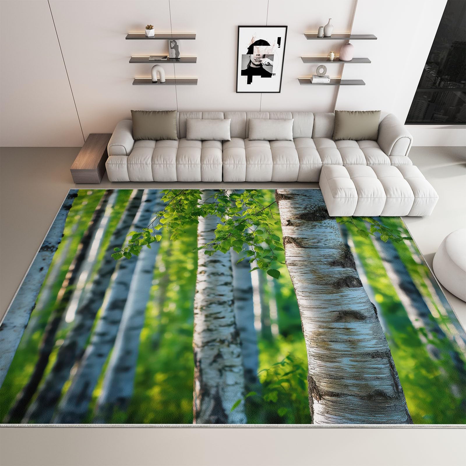 Zmywalny dywan 80 x 150 cm, antypoślizgowy dywan z motywem lasu brzozowego, fotografia przyrody, duży dywan, do salonu, sypialni, kuchni, holu, niski runo, miękki w dotyku dywan
