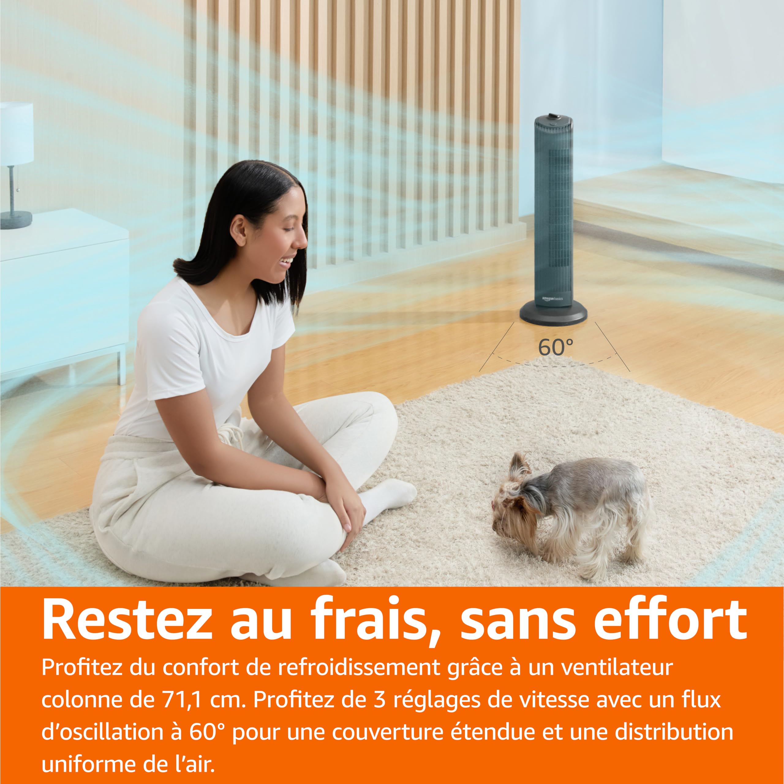 Amazon Basics Ventilateur Tour Oscillant 71 cm avec Angle de 60 Degrés pour Chambre, Salon, Bureau, 3 Vitesses, Contrôle Mécanique Intuitif, Noir Mat, 35W, 71 cm x 24 cm x 24 cm