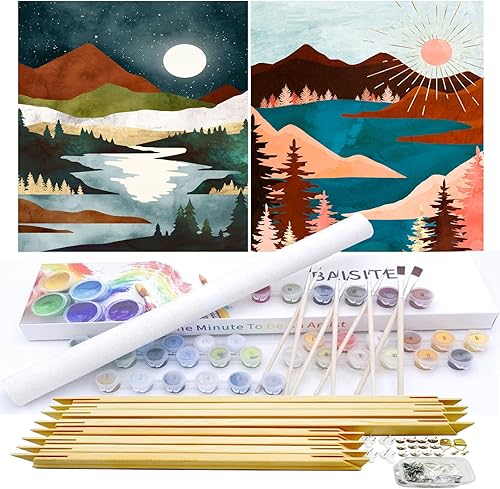Miniatura 8 de Baisite 6566 Pintura por números, para adulto, principiante, niño, 12 pulgadas de ancho x 16 pulgadas de largo, 2 lienzos, 8 pinceles de madera,