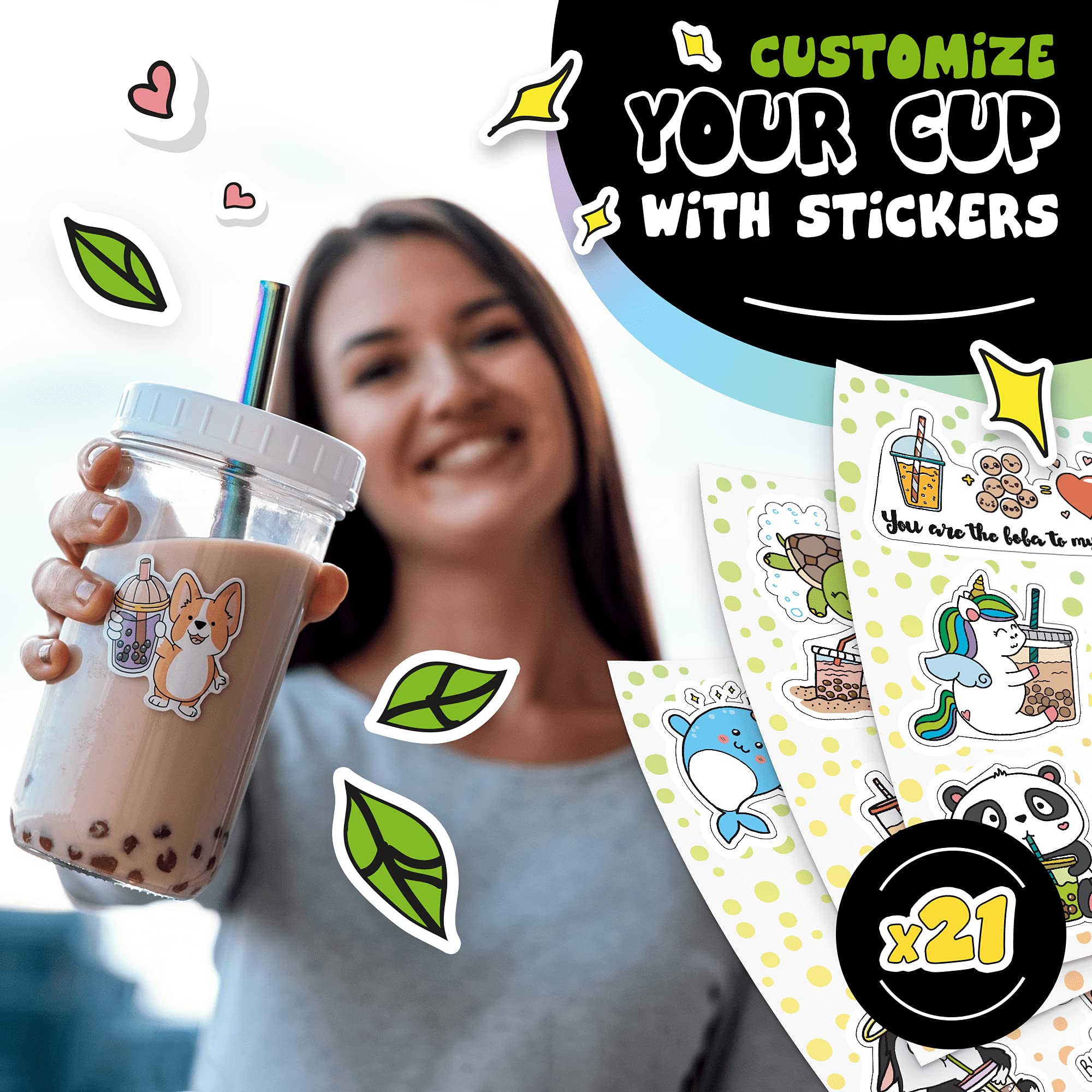 2Pack Reusable Bubble Tea Cup Set 22oz Glass Boba Tea Cups with Lids
