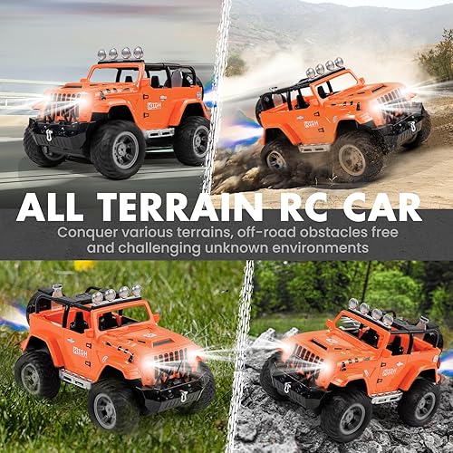 Miniatura 6 de FUUY Auto Jeep a control remoto con aerosol, autos RC con juguete de pala y 2 baterías para 50 minutos de juego RC Jeep con enganche de remolque,