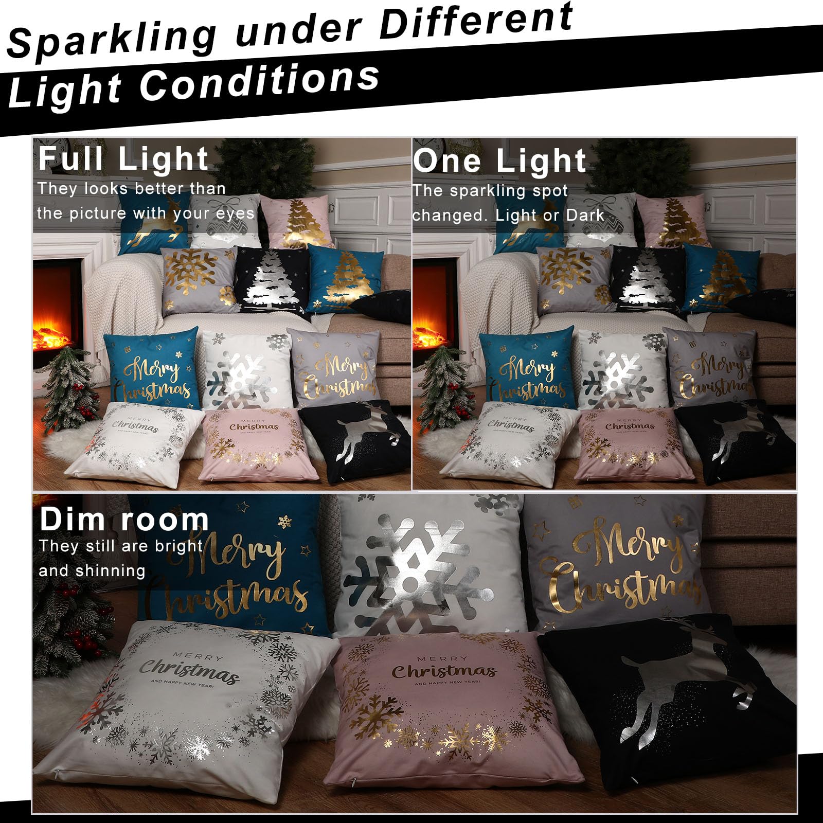 6 Pcs Housses de Coussin de Noël Taies d'oreiller Joyeux Noël Housses d'oreiller en Peluche pour Décoration d'hiver Vacances Canapé Sofa Bureau Chambre 45 x 45 cm (Noir, Argent)