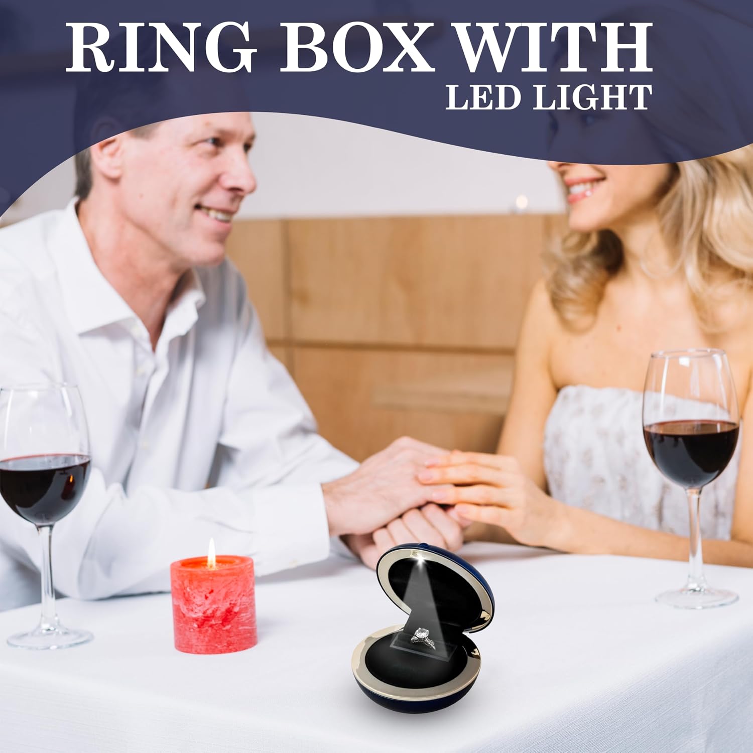 Novel Box Navy Blue Ring Box with LED Light for Jewelry Gift 3x3x1.12 in image 3
