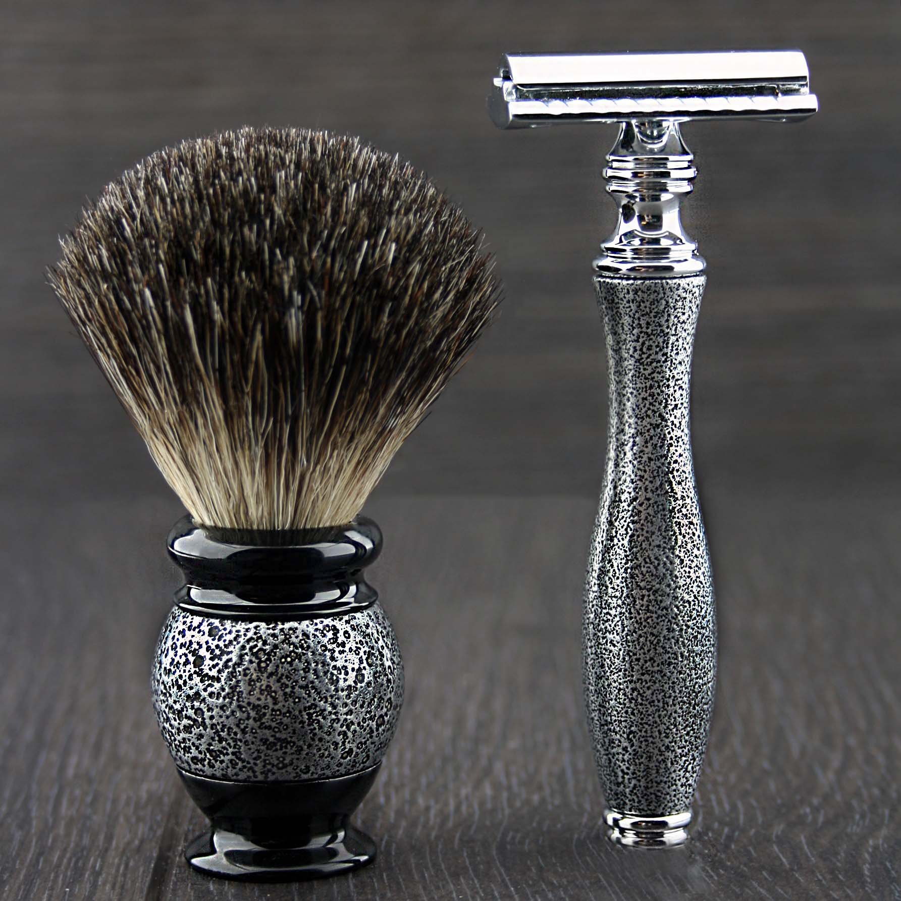 DE Safety Razor with Black Badger Hair Brush.Men's Shaving Set Designed with Hand Assembled Antique Features.