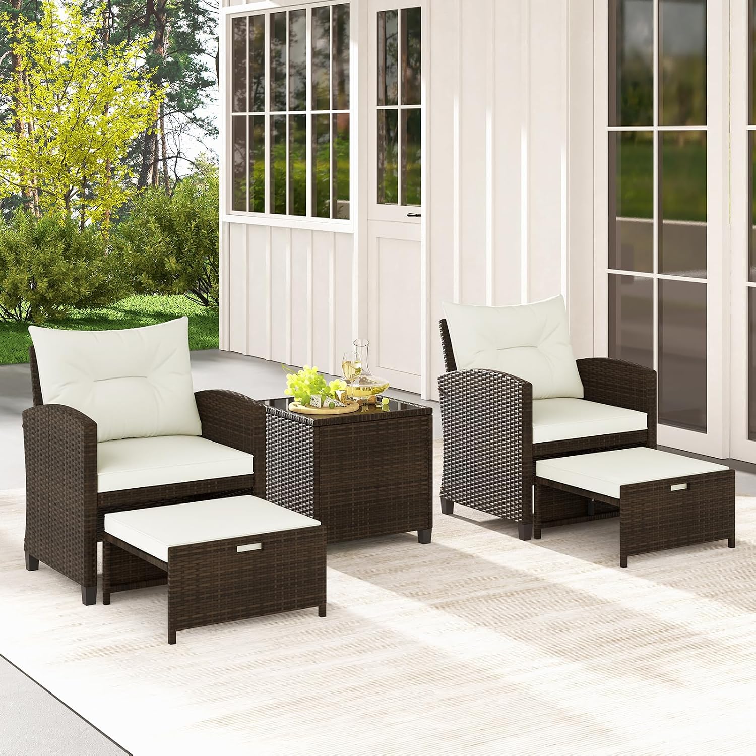 Tangkula 5 Pieces Patio Conversation Set, PE Wicker Outdoor Furniture Set with 2 Chairs, 2 Ottomans & Tempered Glass Coffee Table, Ideal for Poolside, Backyard, Lawn, Deck, Mix Brown & Off White
