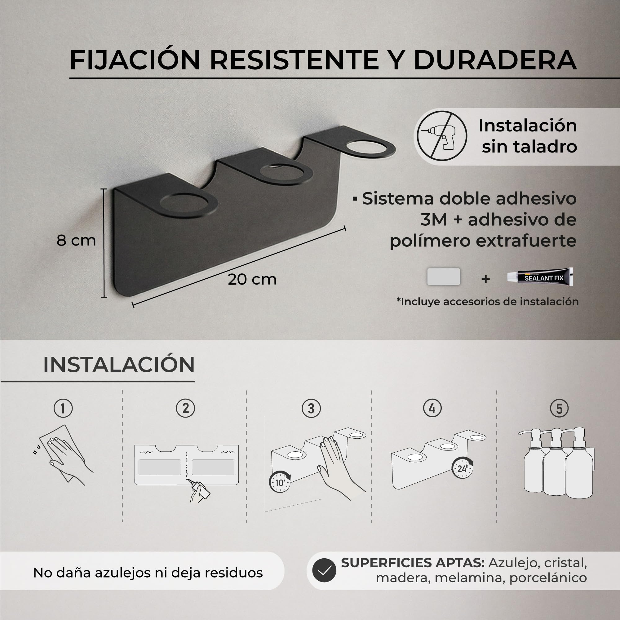 MILUKA Dispensador Jabón Pared con 3 Dosificadores 500 ml - Sin Taladro
