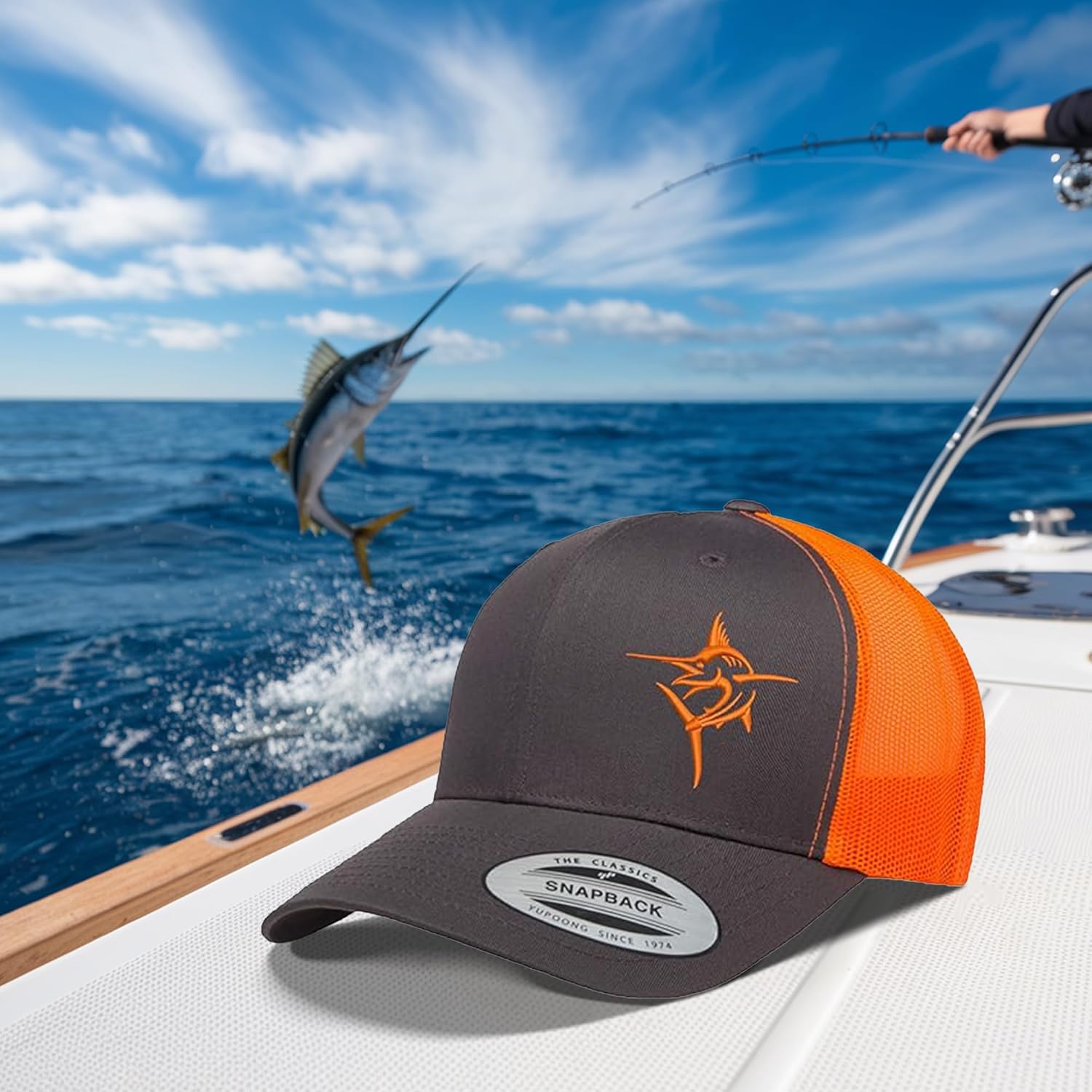Embroidered Swordfish Trucker Hat for Men & Women – Adjustable Mesh Back Snapback Baseball Cap for Fishing