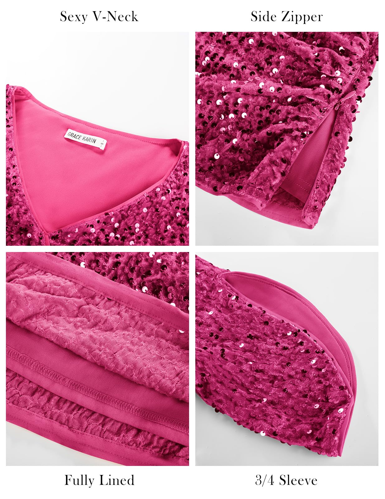 GRACE KARIN Damen-Blusen mit 3/4-Ärmeln, Pailletten, V-Ausschnitt, Samt, gerüscht, 2025, glitzernd, trendiges Party-Outfit