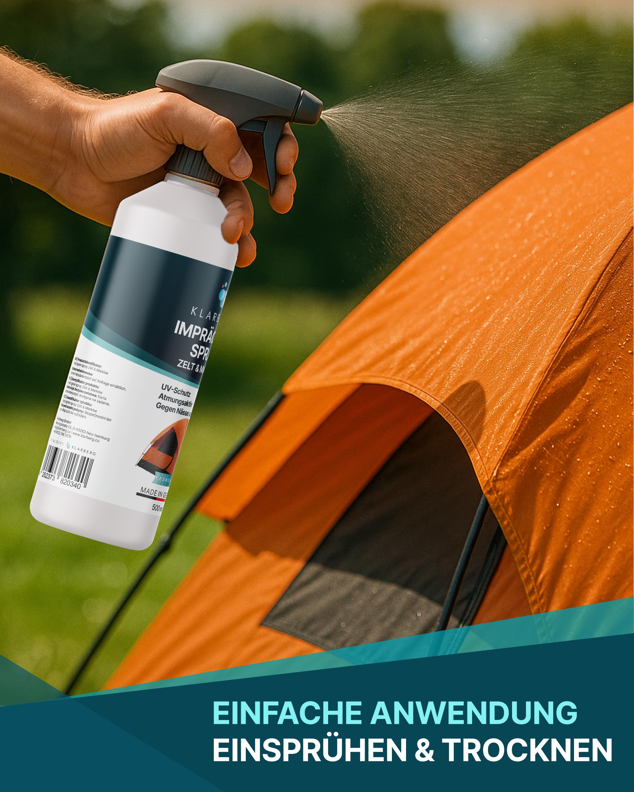 KLARBERG Impregnacja pawilonu i namiotu, spray impregnujący, namiot, markiza i pawilon – oddychająca uszczelka powierzchni i szwów do namiotów – spray impregnujący na zewnątrz – biodegradowalny