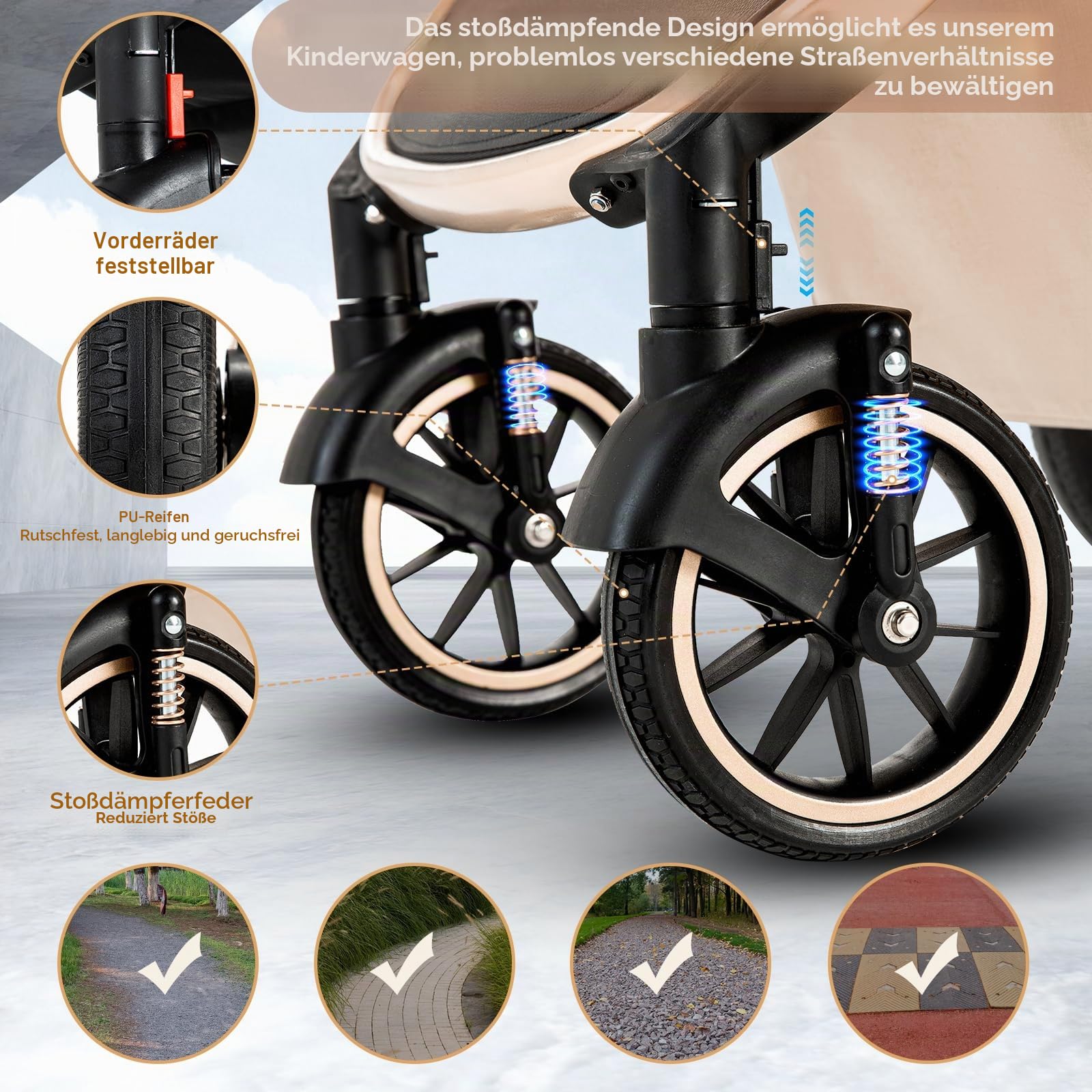 Zkiprm 3 in 1 Kinderwagen, Reisesystem, Buggy & Sportsitz, Höhenverstellbare Armlehnen und Kinderwagen mit Aluminiumgestell/Mumientasche/Moskitonetz/Baumwollmatte, für Neugeborene 0-4 Jahre