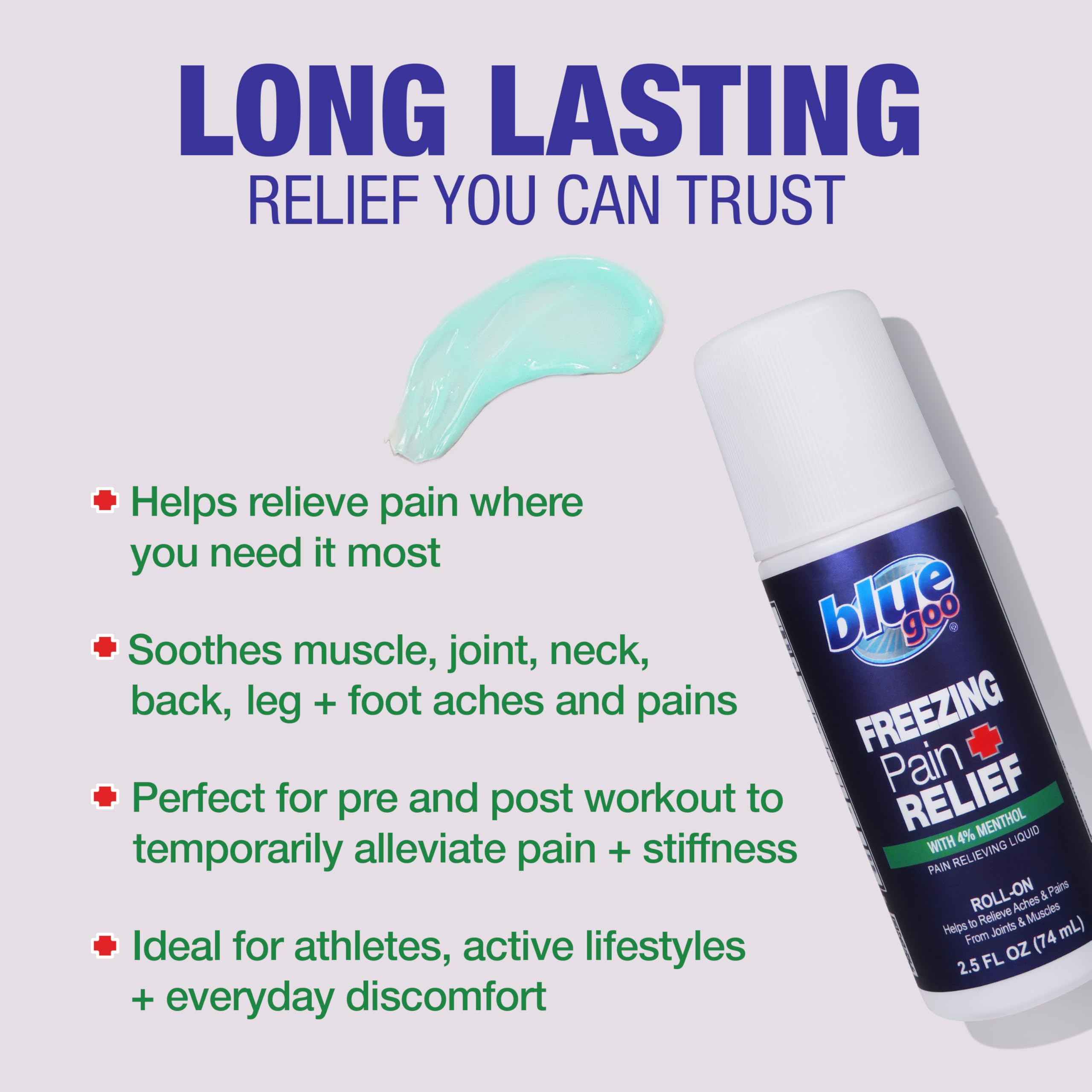 Blue Goo Pain Relieving Menthol Roll On – for Back, Neck, Muscle and Joint Pain, Sprains and Strains, Fast-Acting Soothing Cooling Pain Relief Liquid with 4% Menthol, 2.5 oz (1 Pack) — Amazon image 5