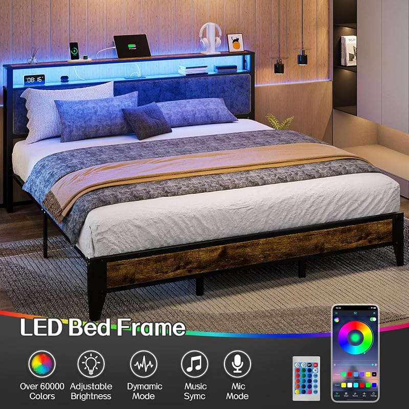 OLEVS King Bed Frame with Headboard, Metal Platform Bed King Size with 2-Tier Storage, LED Light & Charging Station Type C, No Box Spring Needed, Easy Assembly image 3