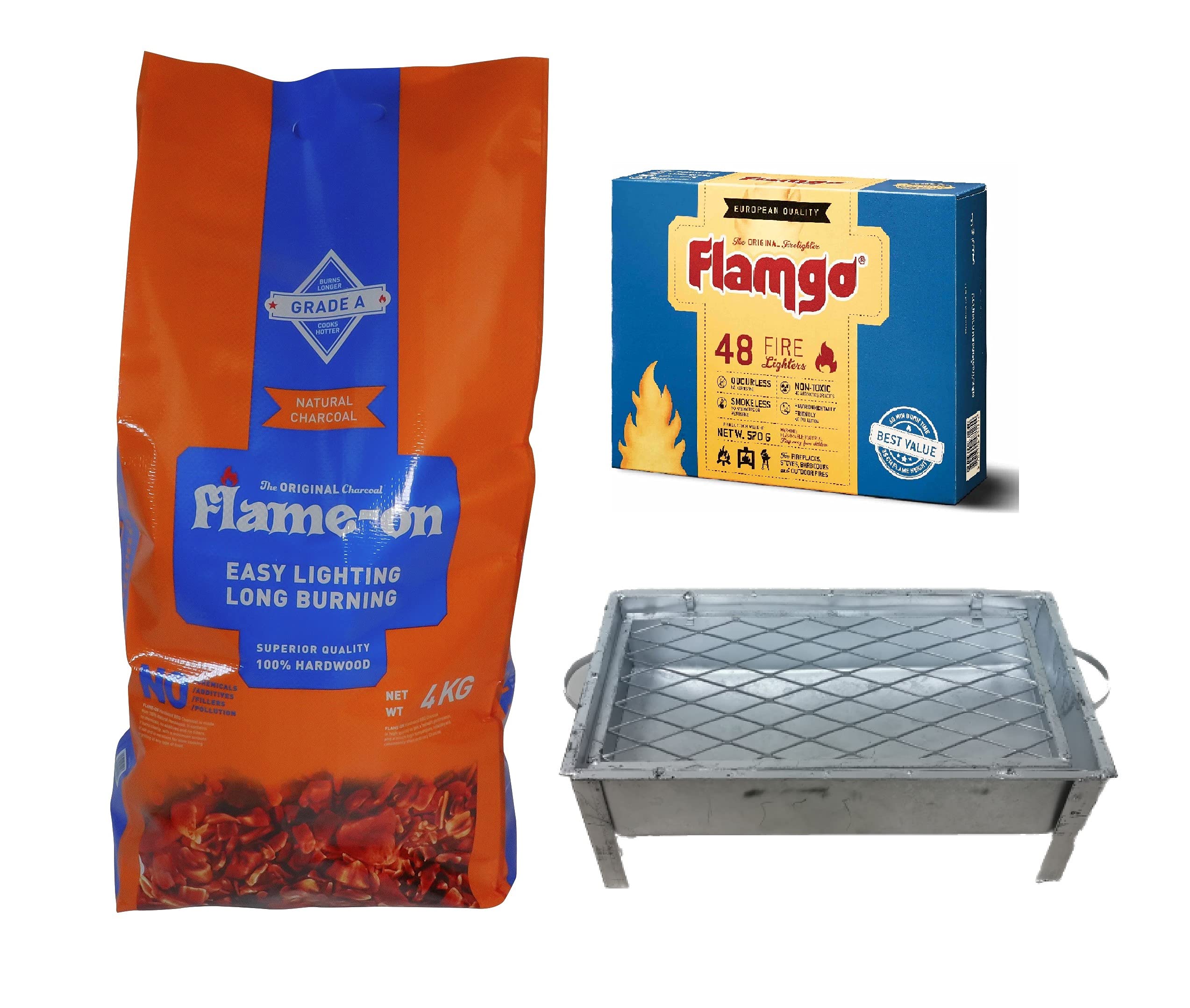 Flame-On Premium Barbecue Charcoal 4 Kg With Charcoal Grill And Flamgo 48-Pack Fire Lighter Cubes