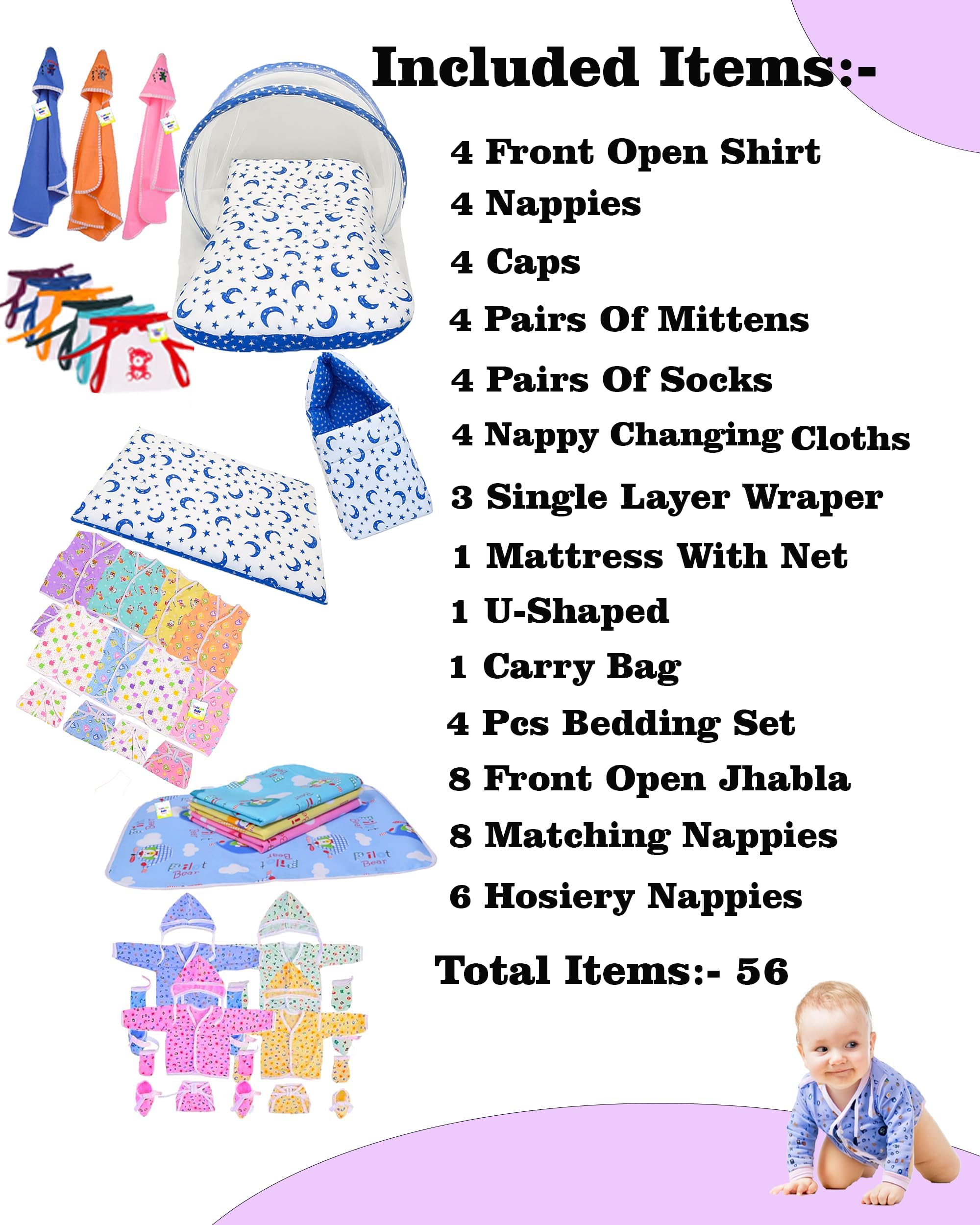 Toddylon 56 in 1 Baby Gift Packs New Born Products All Combo | Gift Set | Maternity Kit | Clothes | Bedding | Essentials Items (0-6 Months, Multicolor) - Image 3 thumbnail