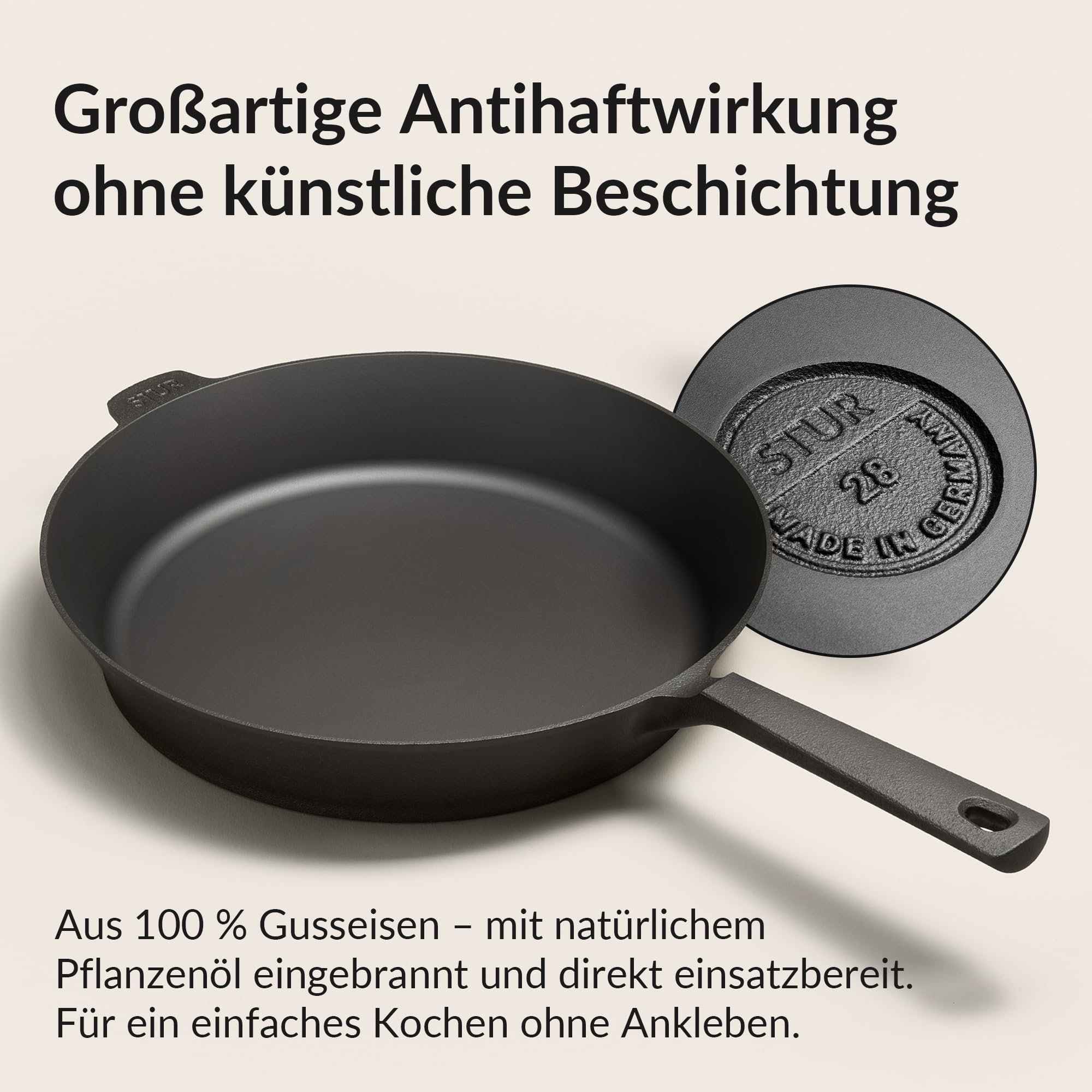 STUR - ORIGINAL Gusseisenpfanne Induktion 28 cm - Cast Iron Pan für alle Herdarten - Pfanne Gusseisen fein geschliffen - Made in Germany - frei von künstlicher ANTIHAFT-BESCHICHTUNG & kratzfest