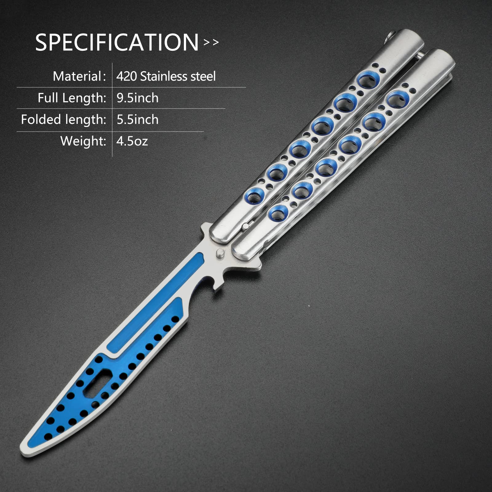 Practice Butterfly Trainer Full Stainless Steel Dull Balisong Trainer sin afilar Butterfly Trainer Peine para entrenamiento CS GO Herramienta multifuncional con llave hexagonal abrebotellas azul