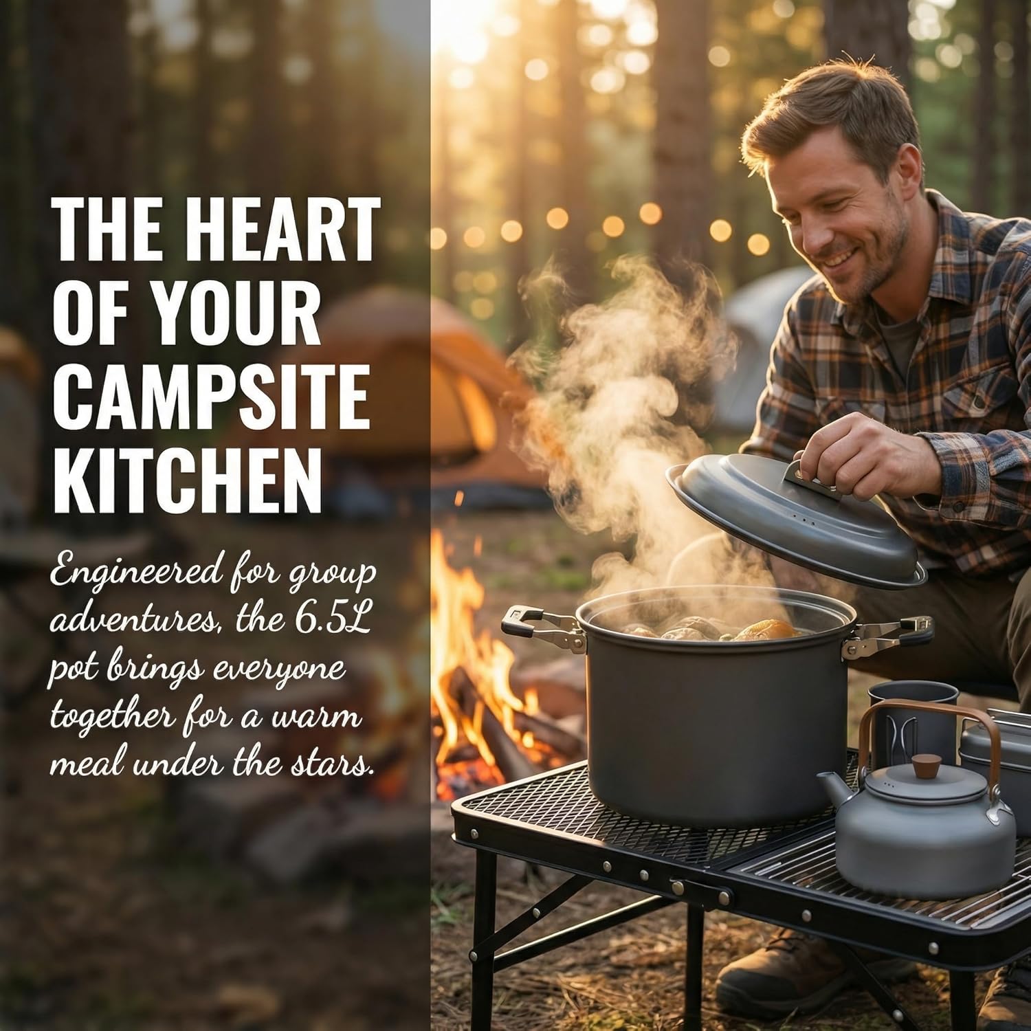 Outdoor set pot 6.5L large capacity Double-flavor hot pot steamer self driving barbecue portable camping cooking household soup pot