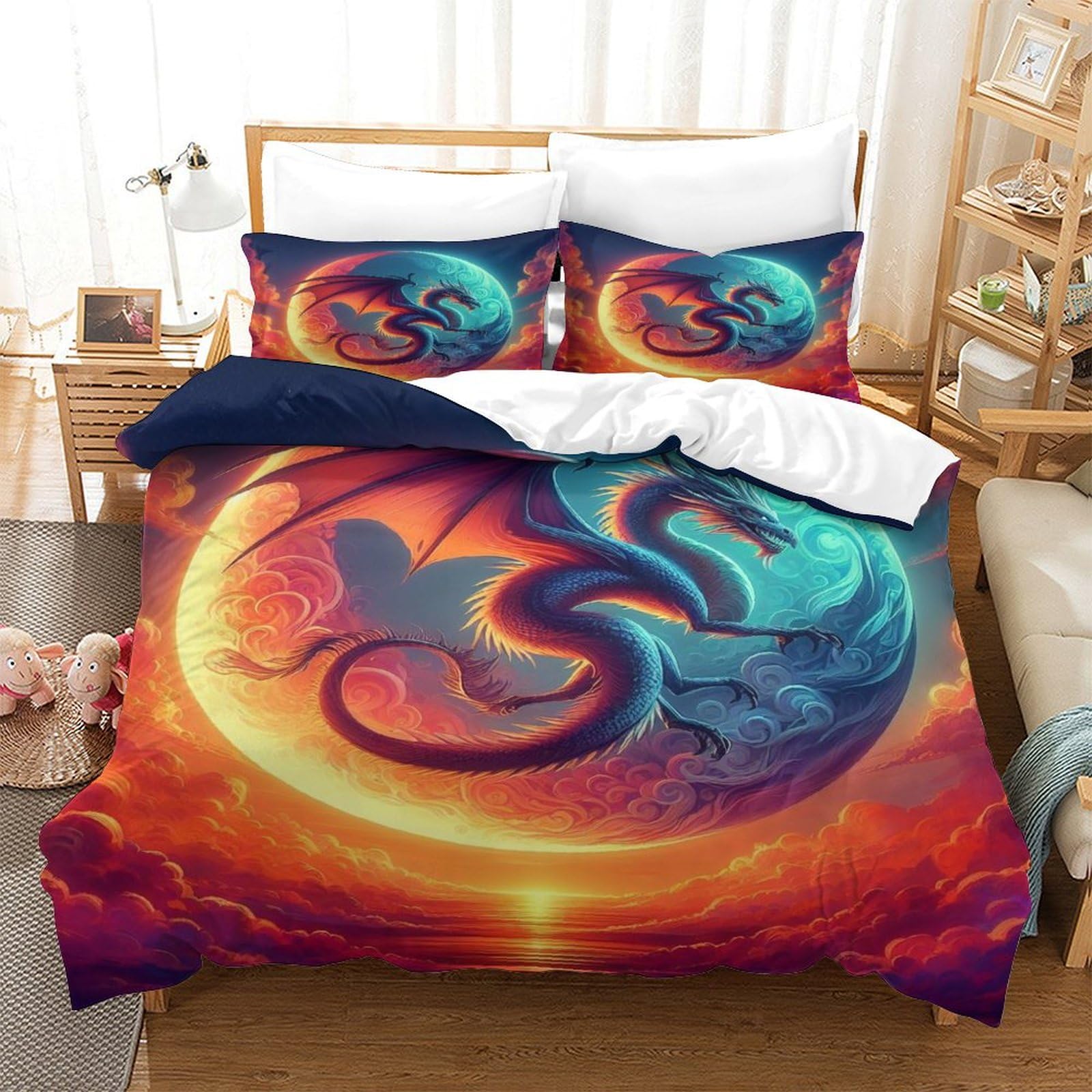 TNFHSOFT Flying Dragon Duvet Cover Set, 3 Piece 3D Print Bedding Set Print Duvet Set Cool Animals Quilt Cover with Pillowcases, Suitable for Boys Girls Teen Adults Single（140x200cm）