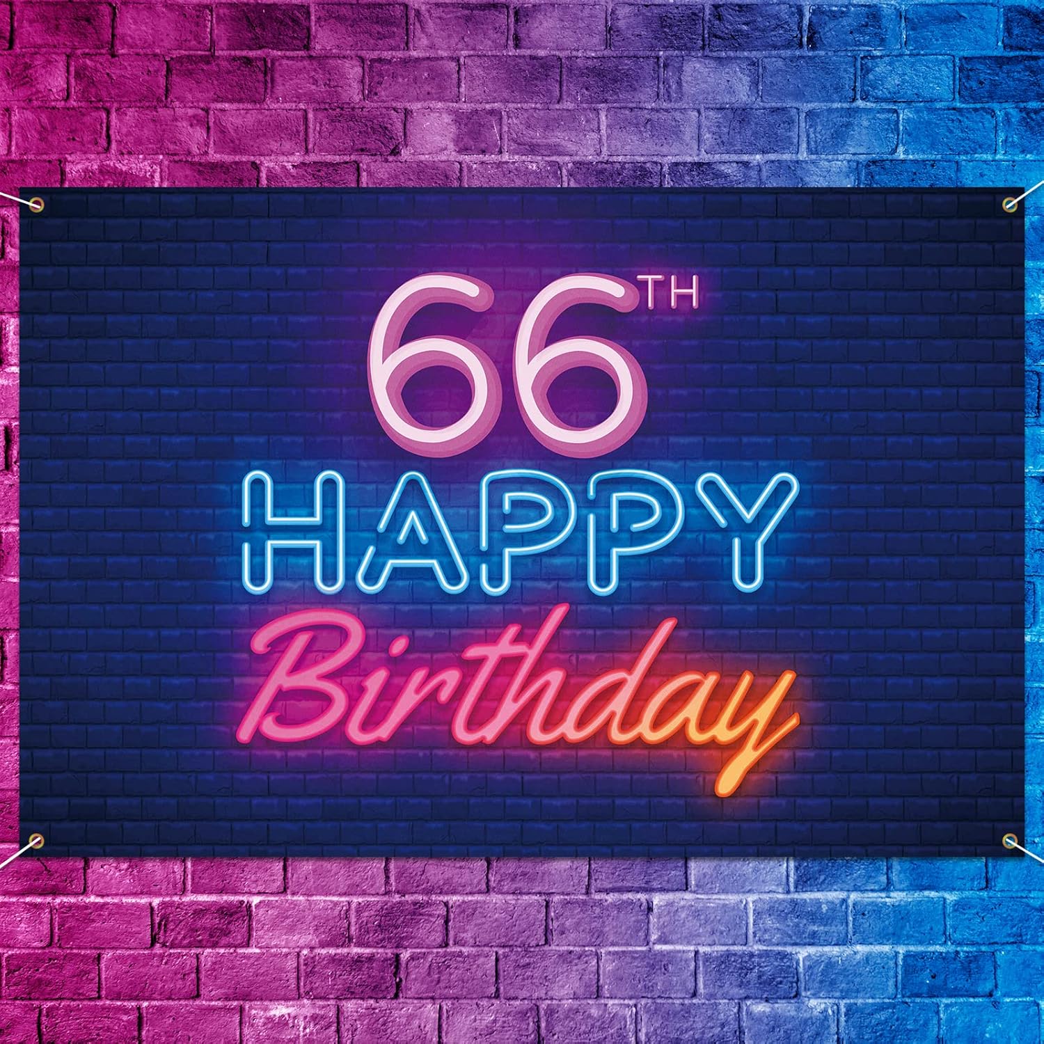 Cartel de fondo de neón brillante con texto en inglés "Happy 66th Birthday", decoración temática de fiesta de cumpleaños de 66 años para hombres y