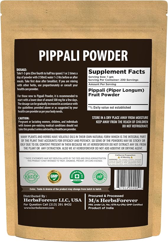 HerbsForever Pippali (Piper longum) Fruit, Powder |Cold Relief, Digestion & Gut Health Spices for Meat Seasoning| Wild Harvested-Non GMO, Vegan- 2X Potency,Ultra Clean,Steam Treated |230 GMS- 12LBS