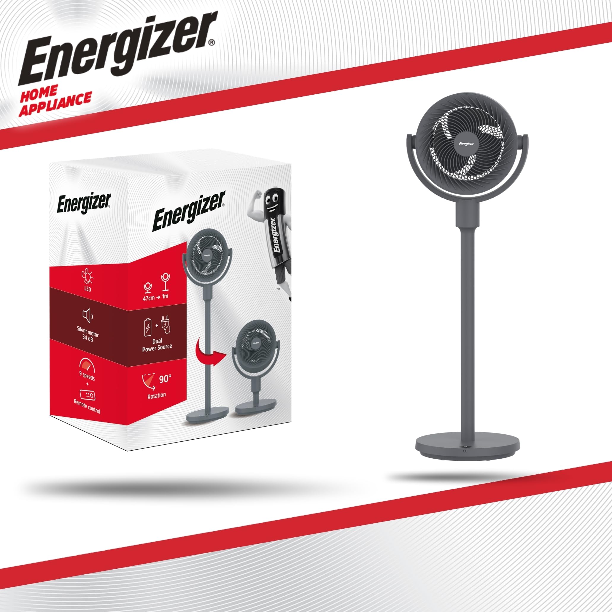 Energizer Ventilatore a Piantana Silenzioso 35 dB, 1017 m³/h, 9 Velocità, Oscillazione 90°, Portatile Ricaricabile 2400 mAh, Altezza 100 cm, Cavo USB Incluso, Per Ufficio e Camera, Grigio
