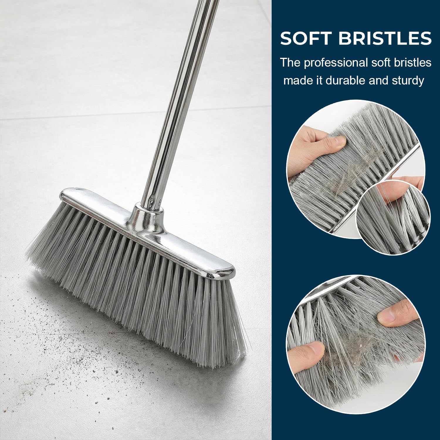 Escoba de barrido angular de cerdas suaves para interiores con mango largo para limpieza de suelos de madera dura de cocina (escoba)