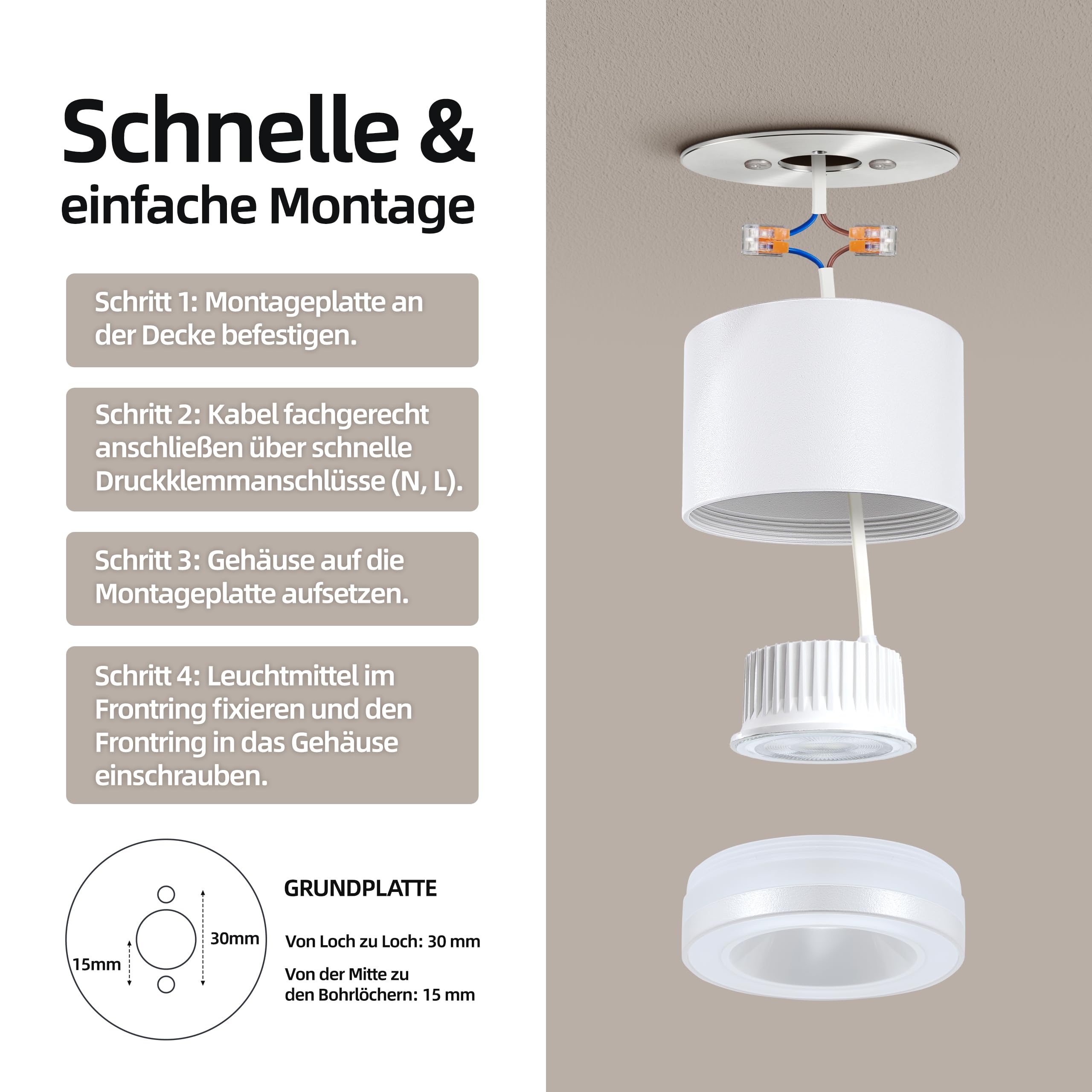 6er Deckenspots Schwarz, LED Aufbauspot Dimmbar Deckenstrahler | LED Spots 230V Blendfrei, Aufbaustrahler, LED-Modul 5W 550lm CRI90+, 3000K/4000K/6500K, für Küche Flur Wohnzimmer, Ø70x60mm