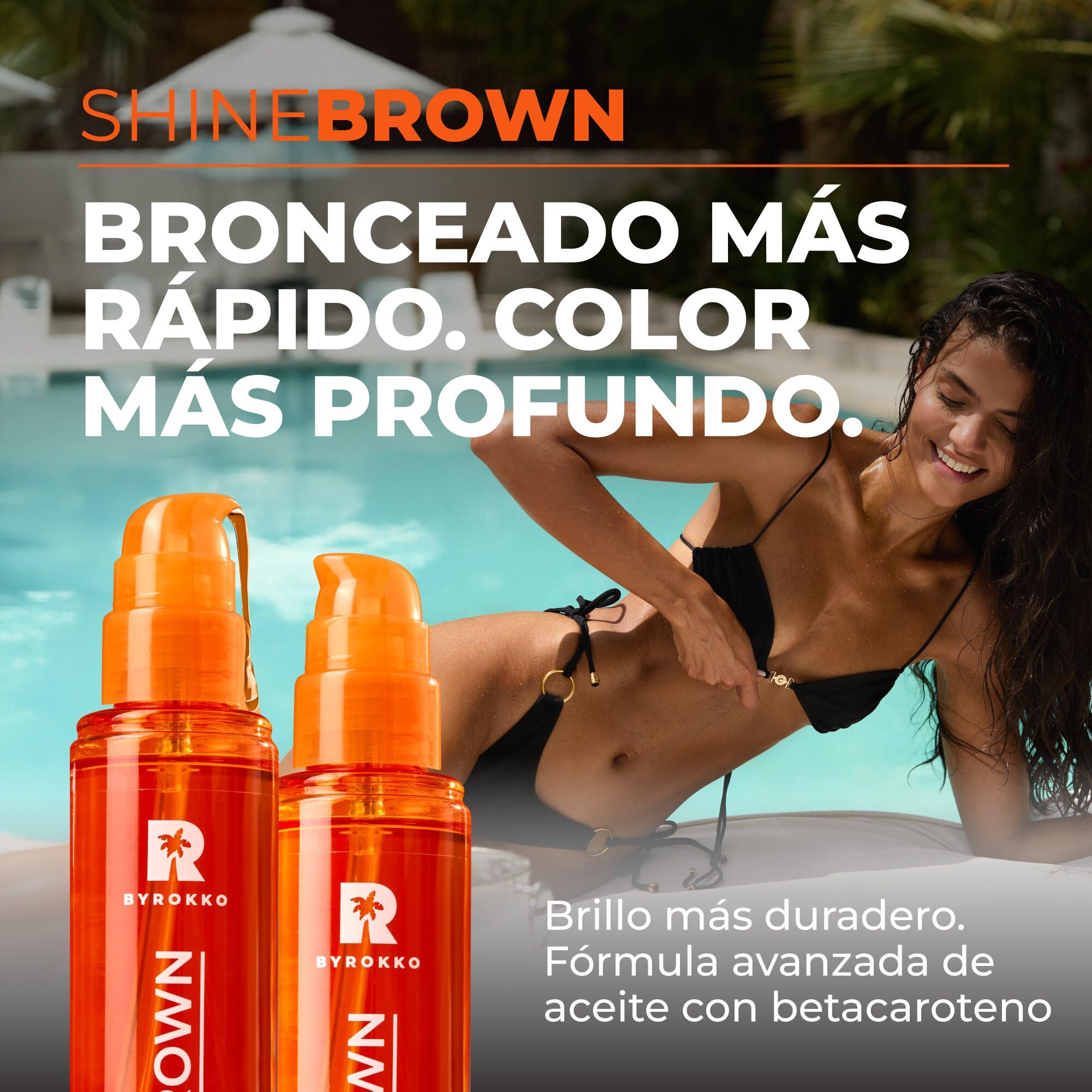 BYROKKO Shine Brown - aceite de bronceado de betacaroteno (150 ml), acelerador para tumbonas y sol al aire libre, para maximizar el bronceado definitivo