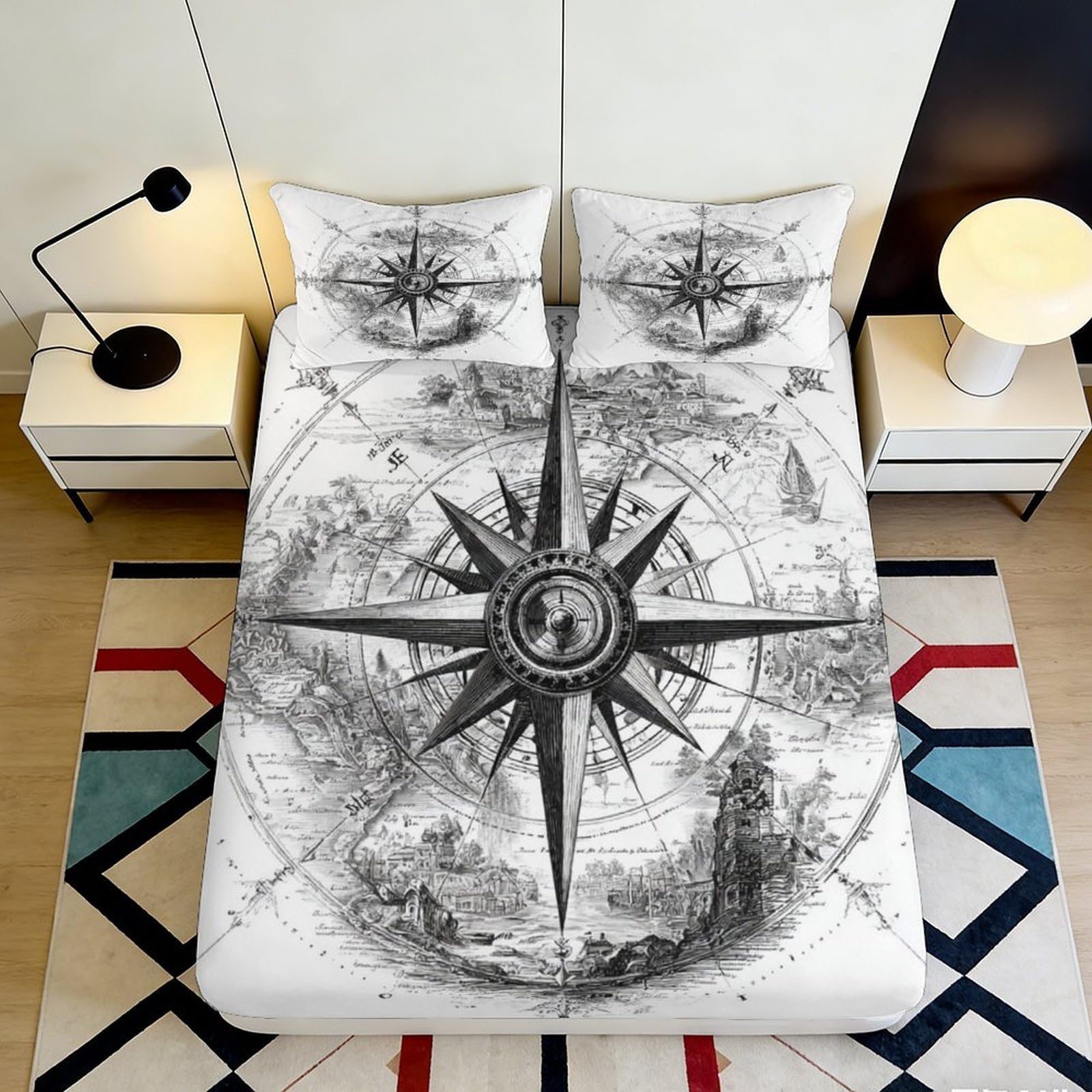 Jqzkxnhpbr Style-2 3D Printed Compass Map Fitted Sheet Microfiber Soft Breathable Vintage Nautical Bed Cover For Bedroom Dorm Mattress Decor 90X200x25cm