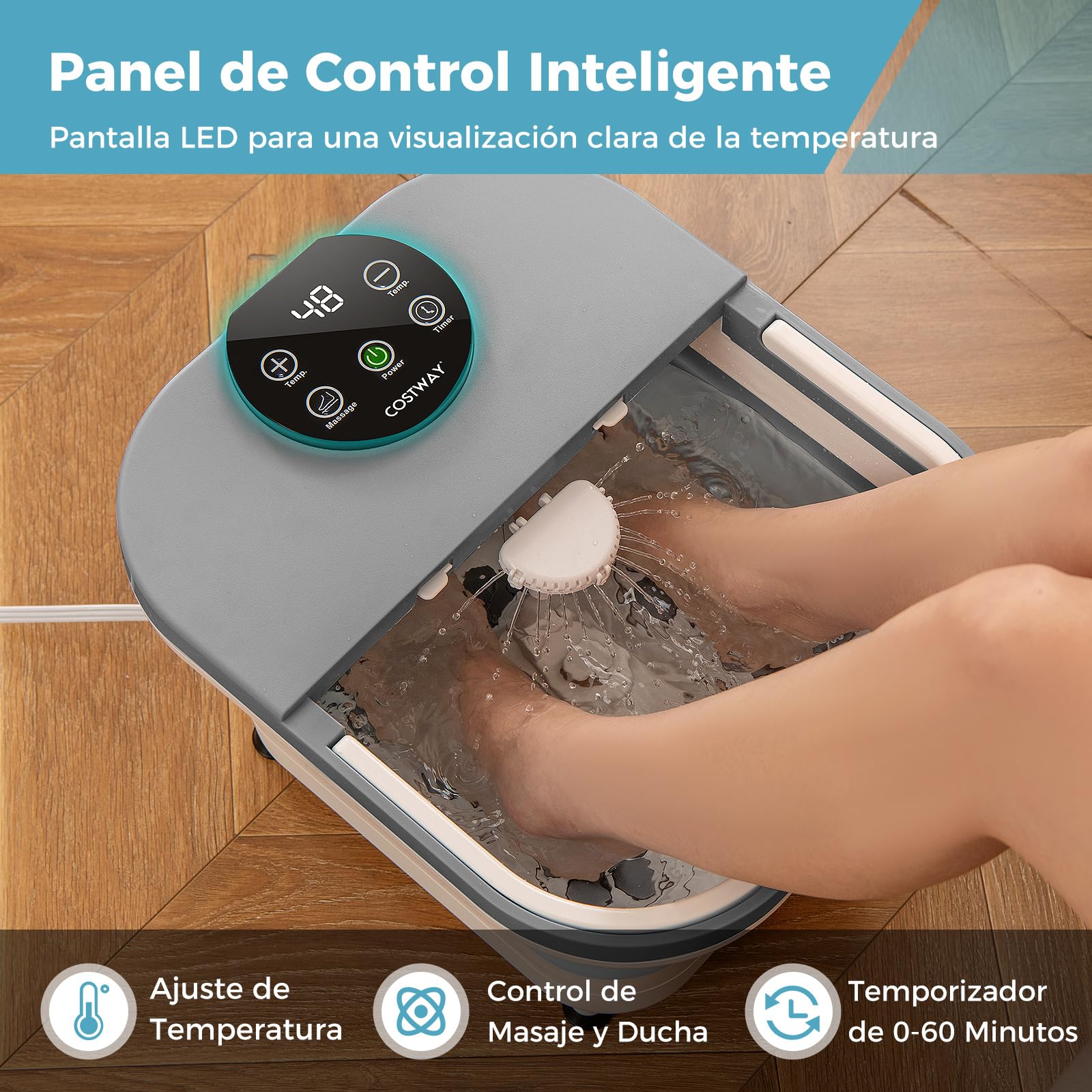 COSTWAY Masajeador de Pies Plegable con Calor, Ducha y Temporizador, Baño de Pies con 30 Bolas de Masaje Shiatsu Motorizadas, Temperatura 35-48℃, Pediluvio para Alivio del Estrés de los Pies