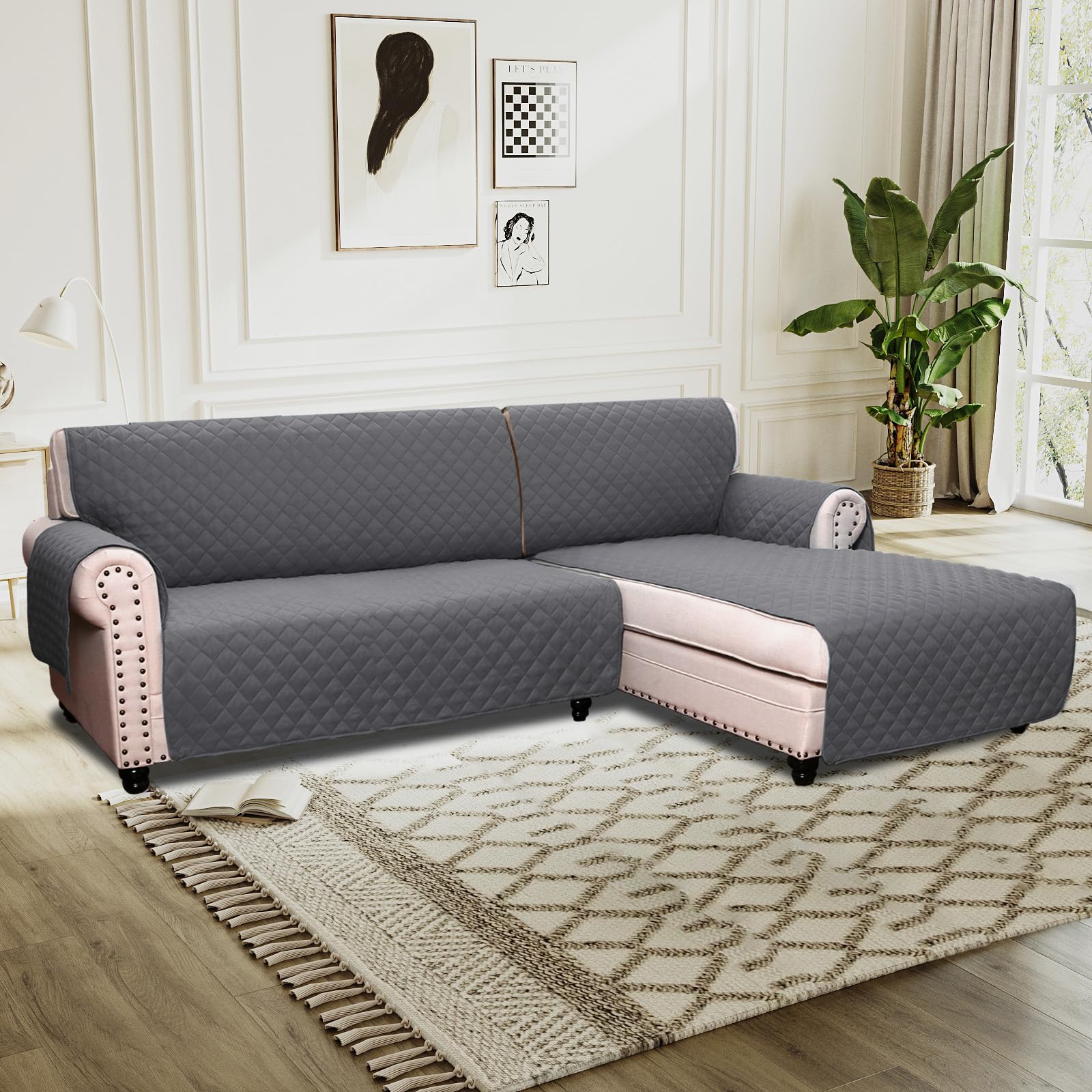 BellaHills Sofa Cover L Shape 2 Piece Couch Cover for Sectional Sofa Non Slip Corner Sofa Cover Water Resistant Chaise Sofa Cover for Dogs (Right Chaise Lounge + 3 Seater, Grey) โ image 1