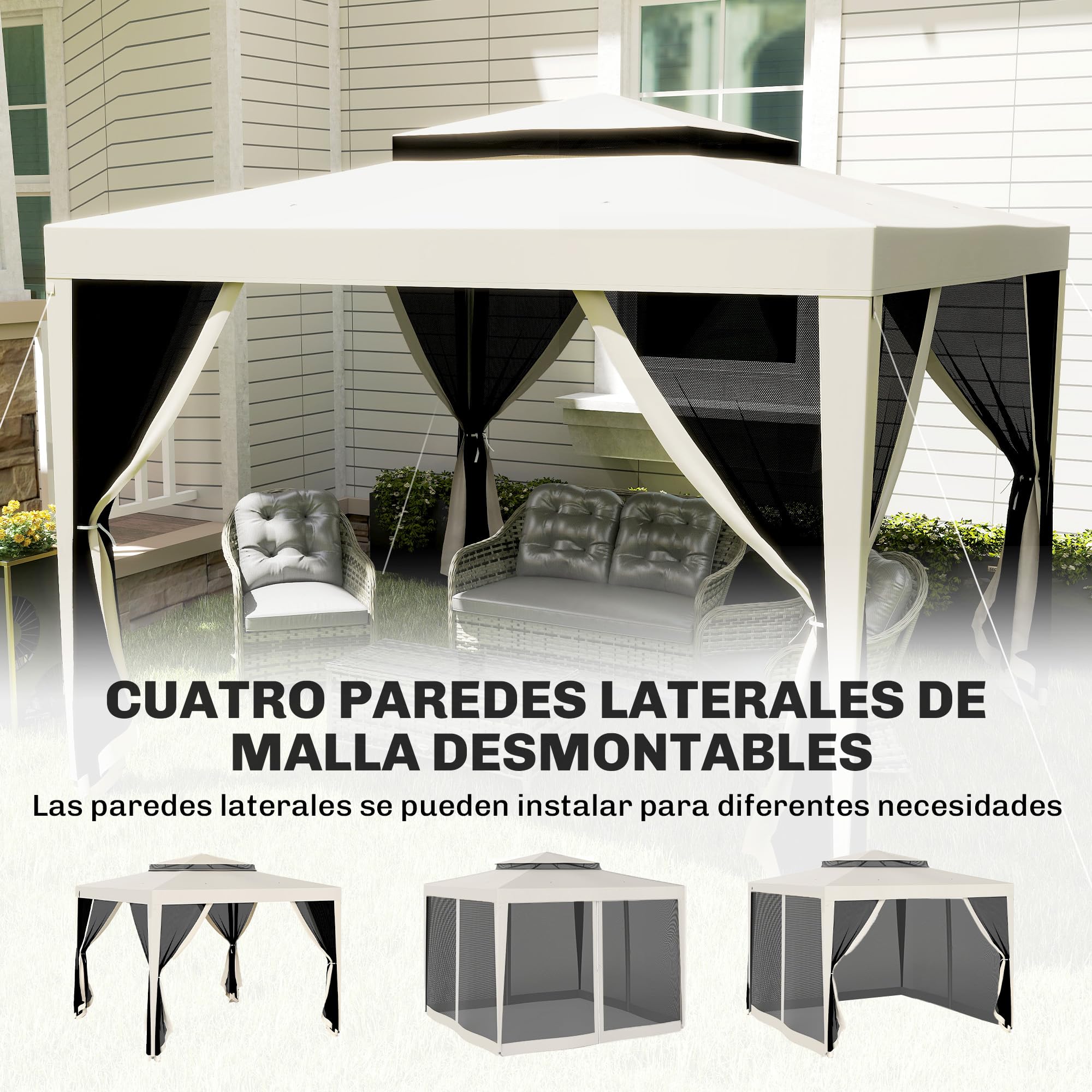 Outsunny Carpa de Jardín 3x3 m Cenador con 4 Mosquiteras Laterales con Cremallera Techo de Ventilación y 8 Orificios de Drenaje Gazebo para Terraza Patio Exterior Beige