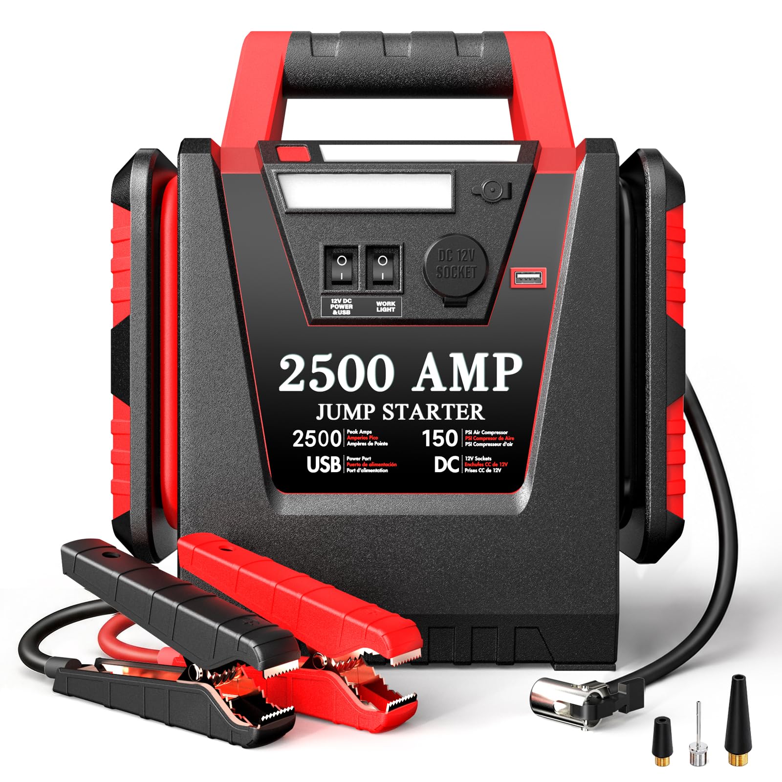Arrancador de batería de coche, arrancador de salto con compresor de aire, arrancador de batería de coche de 2000 A, inflador de neumáticos de 260 PSI