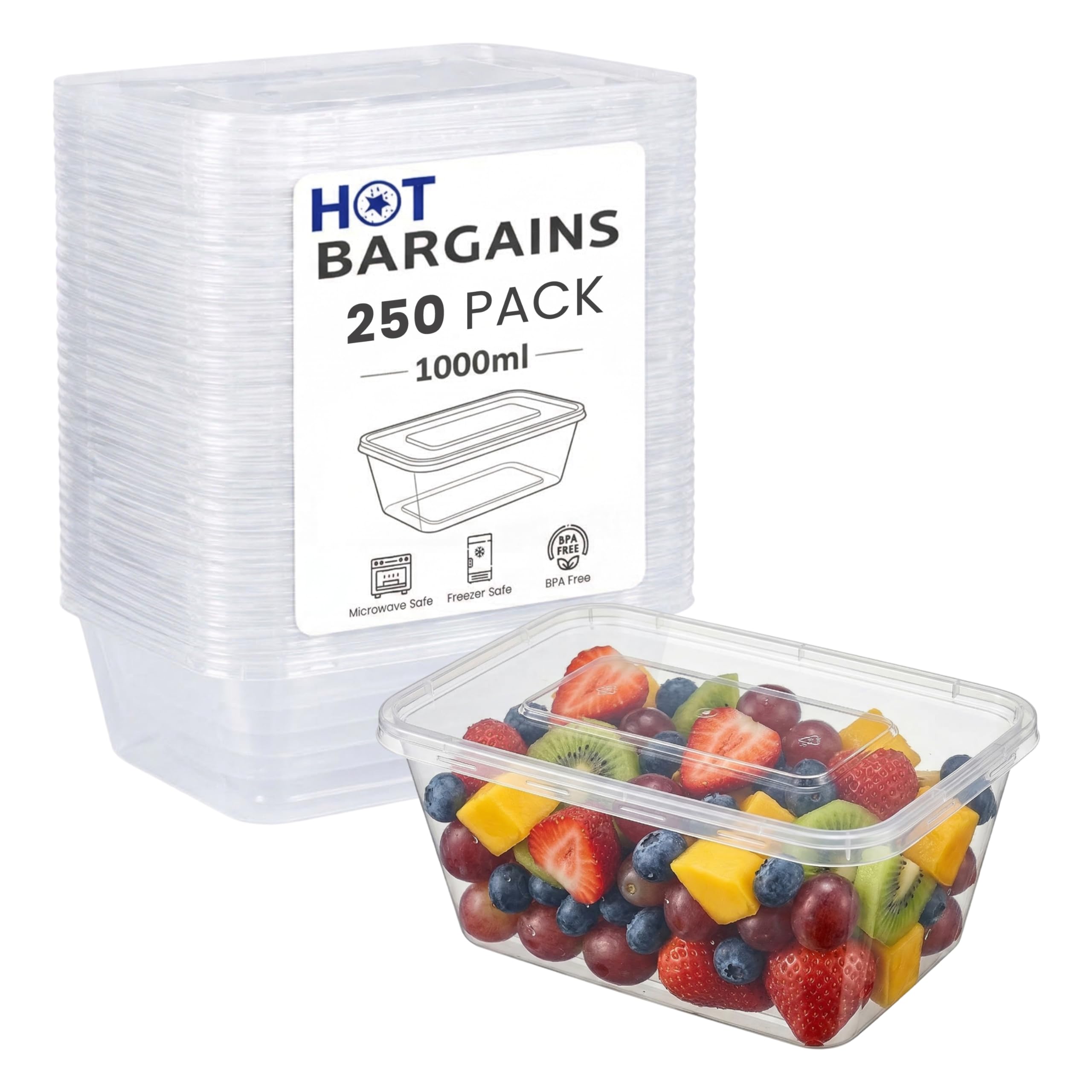 HOT BARGAINS 1000ml Rectangular Food Storage Containers with Lids, Pack of 250, BPA-Free Plastic, Microwave and Freezer Safe (250, PLS01, Rectangular, 1000, Millilitres)