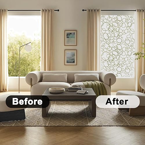 Miniatura 4 de Ohmywor Película decorativa de privacidad para ventana, patrones circulares impresos con control de calor, bloqueo solar, anti UV, película