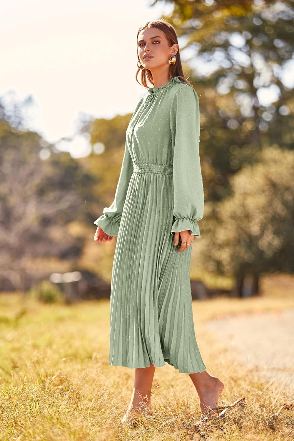 PRETTYGARDEN Women's 2026 Spring Fall Midi Dress Casual Long Sleeve V Neck Swiss Dot Pleated A Line Flowy Dresses