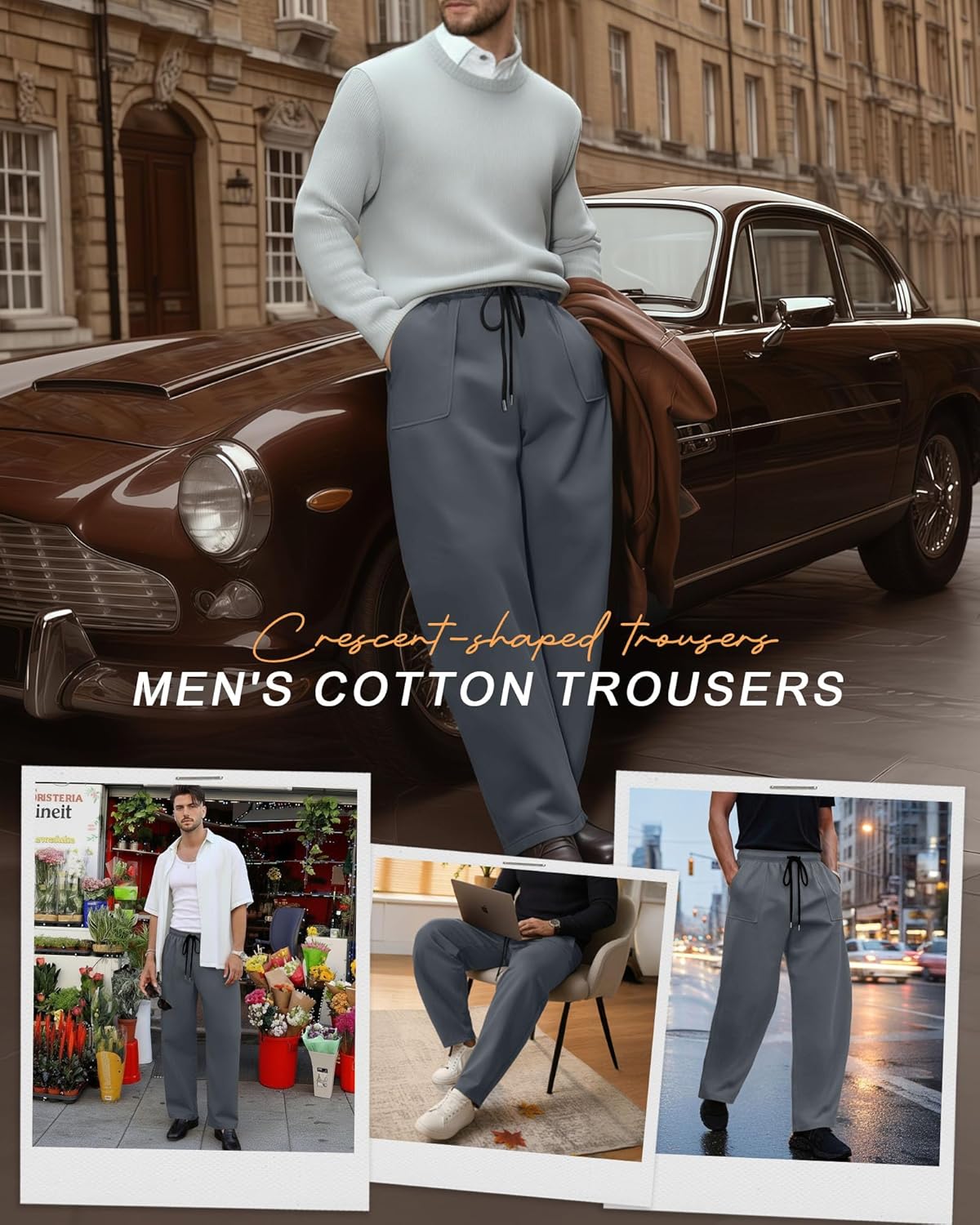 Men's Chino Pants Cotton Casual Wide Leg Pants Loose Fit Elastic Waist Drawstring Twill Trousers with Pockets(Light Gray,Large) - Image 3