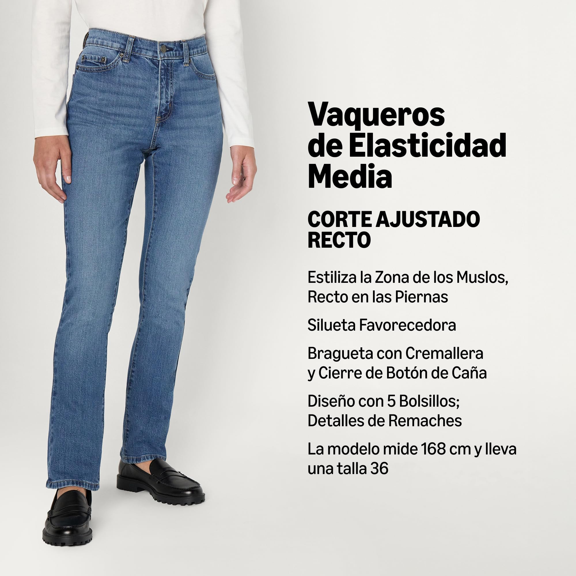 Amazon Essentials Vaqueros Rectos de Tiro Medio, Corte Ajustado y Elasticidad Media Mujer
