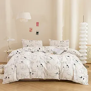 ECOCOTT Duvet Cover Queen Size, 3 Pcs Cartoon Cats Animal Print Pattern Duvet Cover Set, Super Soft Comforter Quilt Cover with Zipper Closure 4 Ties