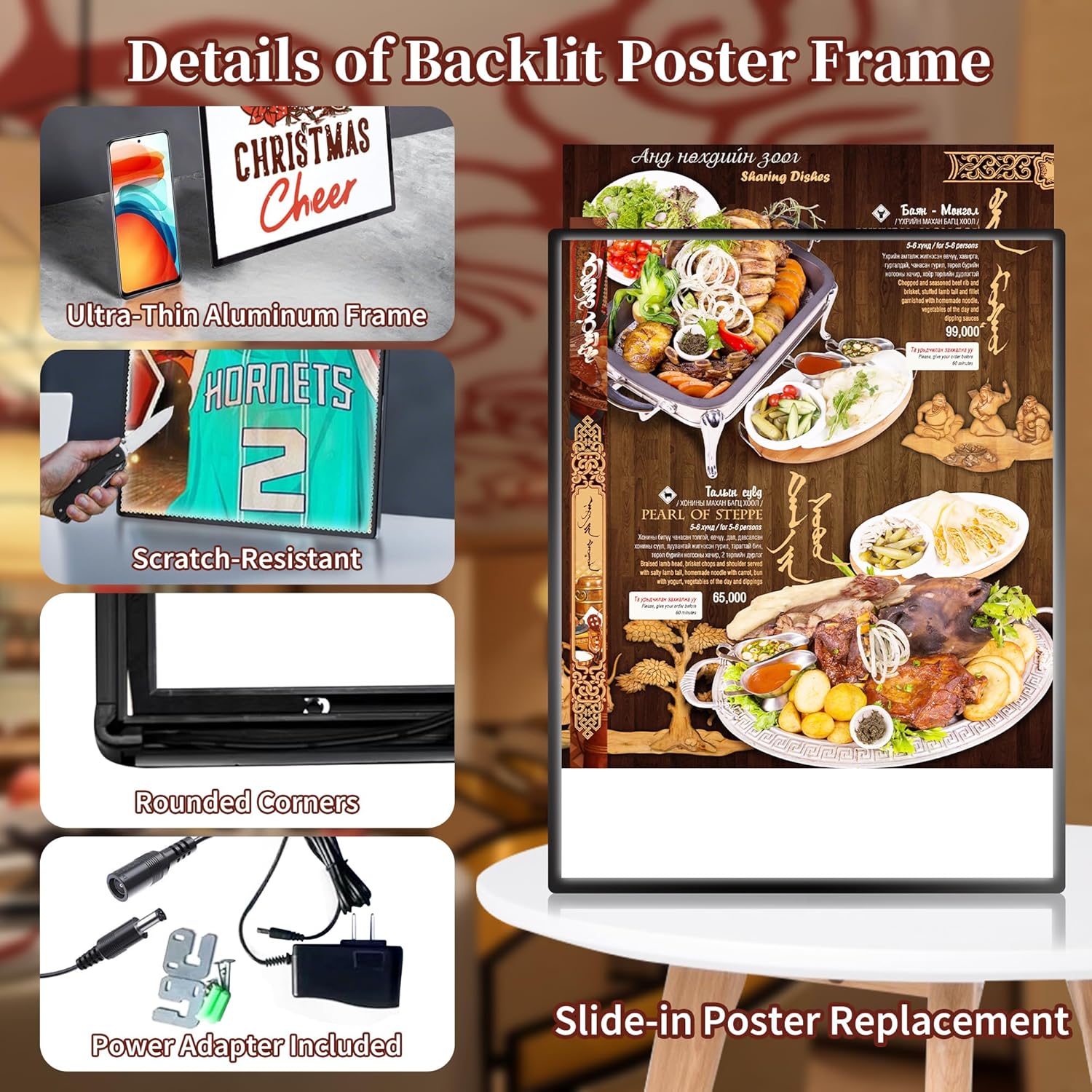11.7”x 8.3”Custom LED Menu Poster Frame - Food Display Box with Backlit Light - Desktop LED Backlight Advertising Board - Wall & Tabletop Billboard for Restaurant, Bar, Office, Food Truck, Store