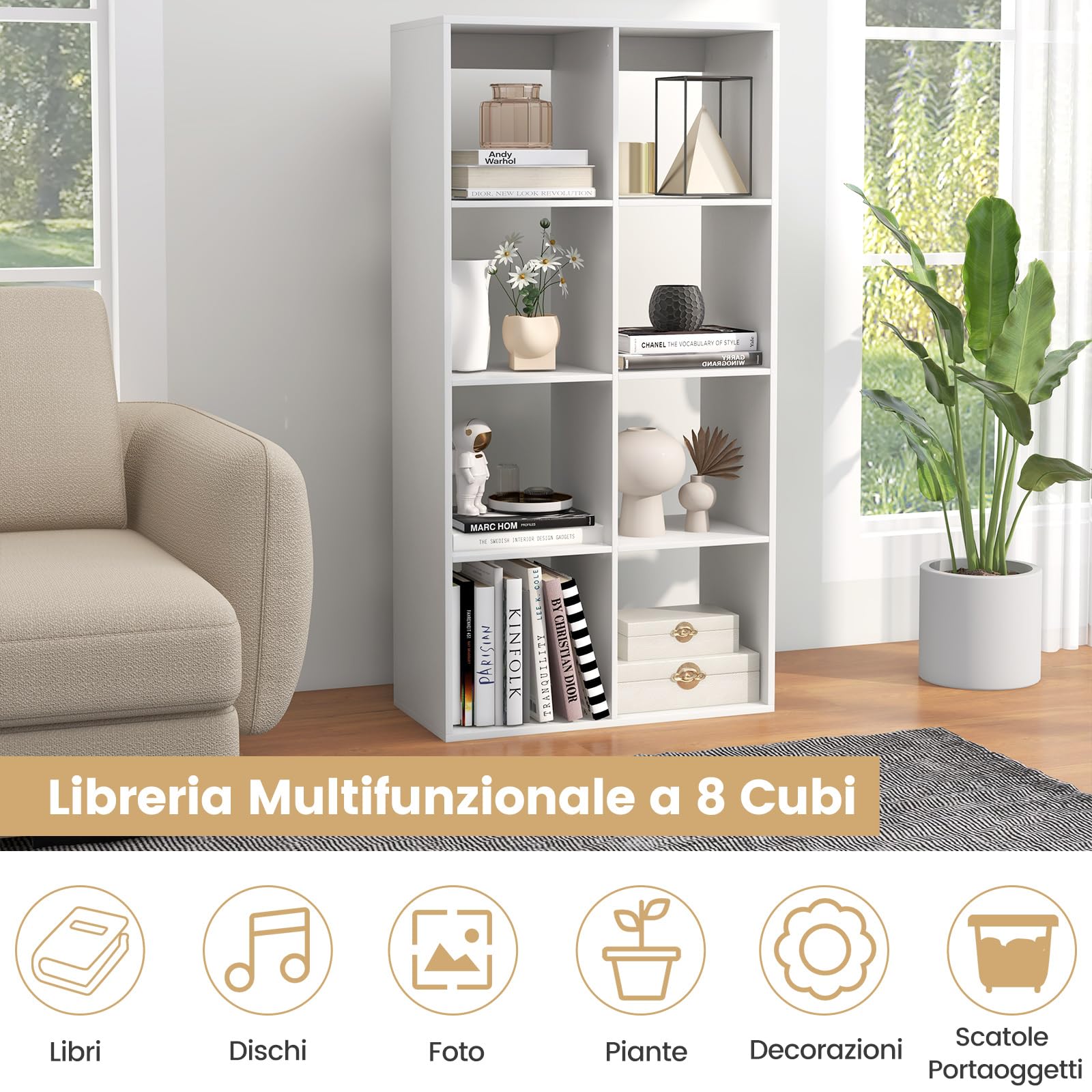 COSTWAY Libreria a 8 Cubi con Sbarra di Protezione e Kit Anti-Ribaltamento | Organizer a 4 Livelli Autonomo con Ripiani per Soggiorno, Camera da Letto, Studio, 69,5 x 33 x 137 cm