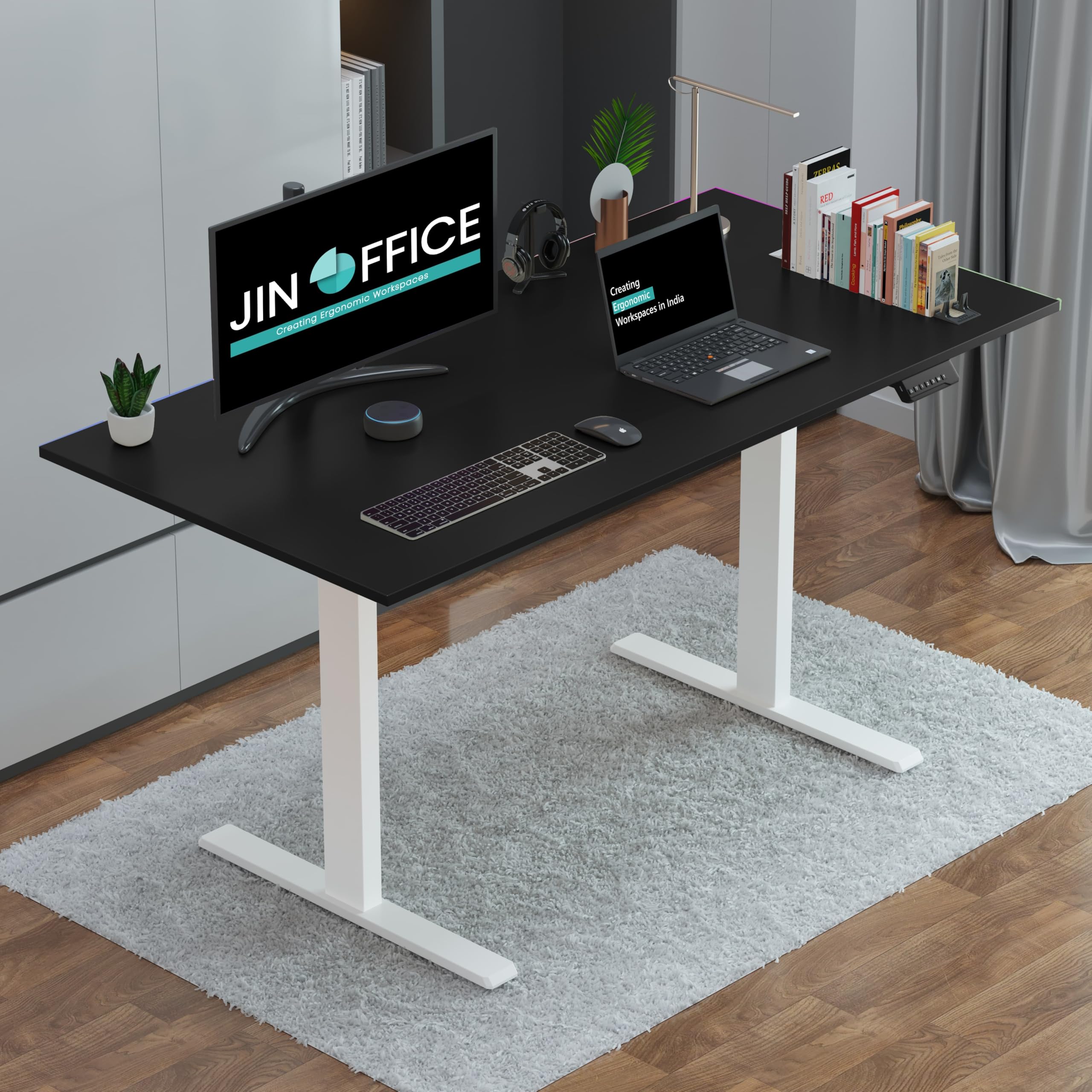 JIN OFFICE Zenith Electric Height Adjustable Table| Standing Desk with 100 Kg Wt. Capacity & 3 Year Warranty| Ergonomic Desk| Sit Stand Table with 3 Memory Preset| White & Black|1500X750mm/25MM Thick