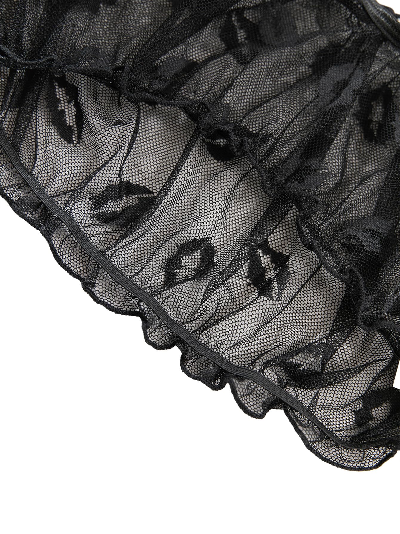 Lilosy Sexy Stretch Ruffle Tie Sheer Mesh Lingerie Set Outfits: 2X-Small Lips Sheer Black