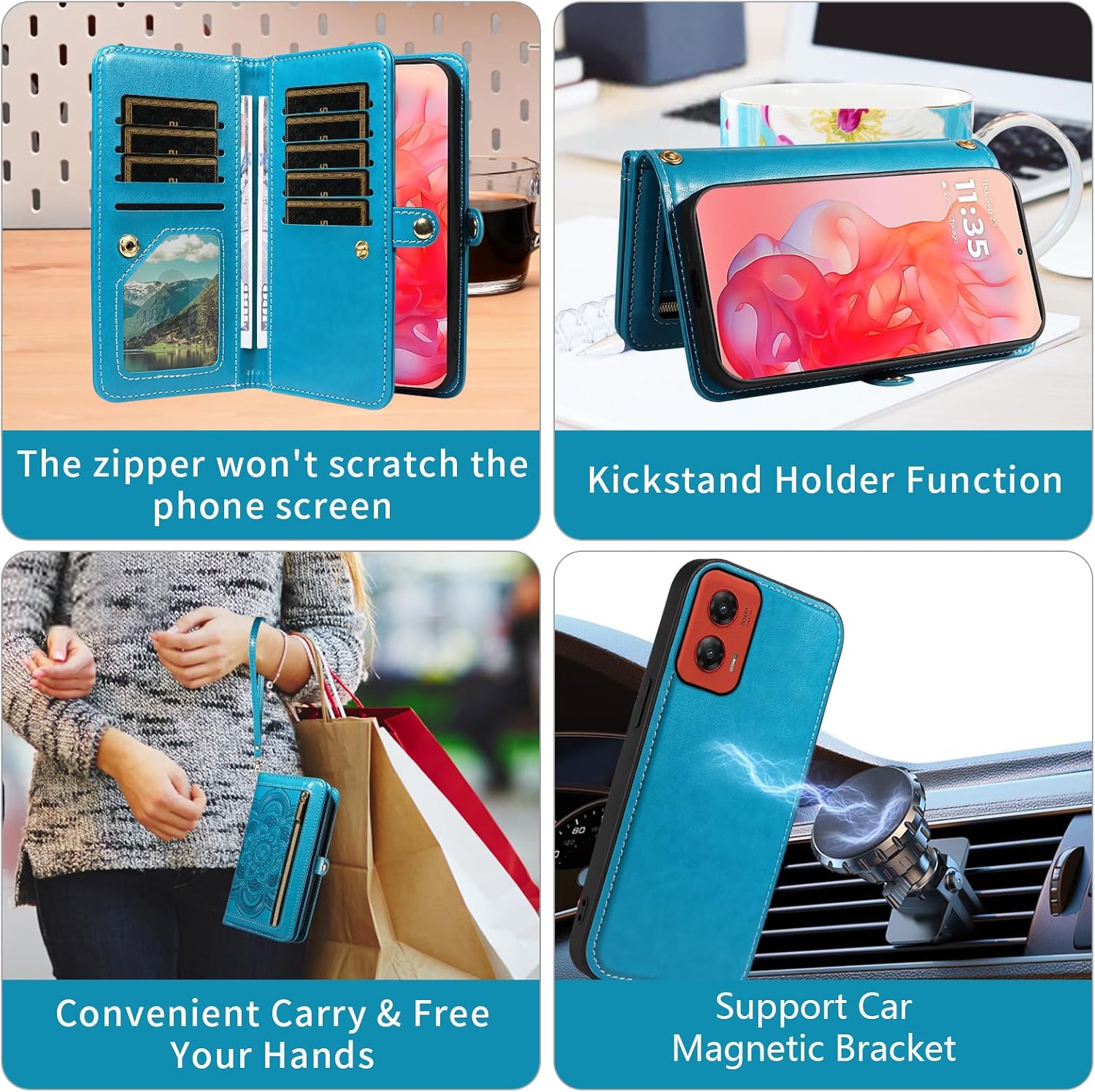 Asuwish Phone Case for Motorola Moto G Stylus 5G 2024 Zipper Wallet Magnetic Detachable Cell Cover with Tempered Glass Screen Protector Crossbody Lanyard Strap Mandala Flower Card Holder G5 Women Blue