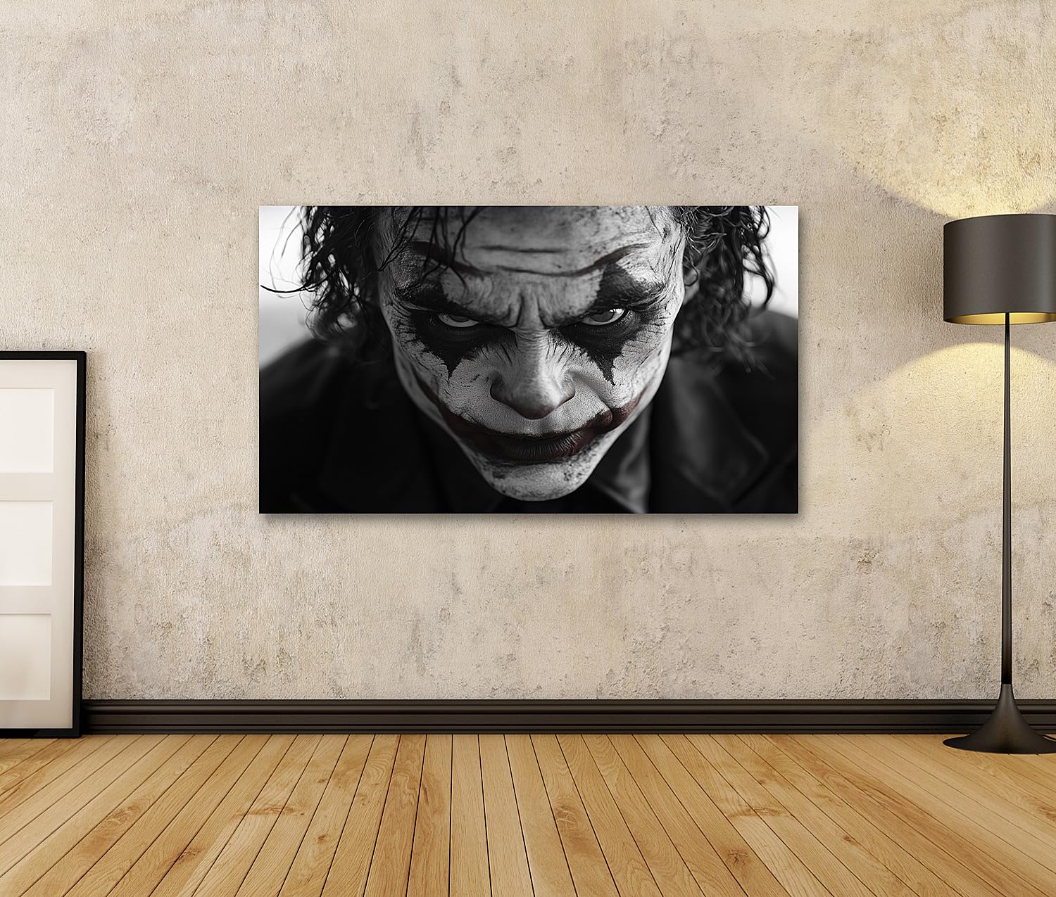 bilderfelix Quadro su tela Primo piano inquietante di un uomo in costume e trucco da Joker - Tela 100x57 cm